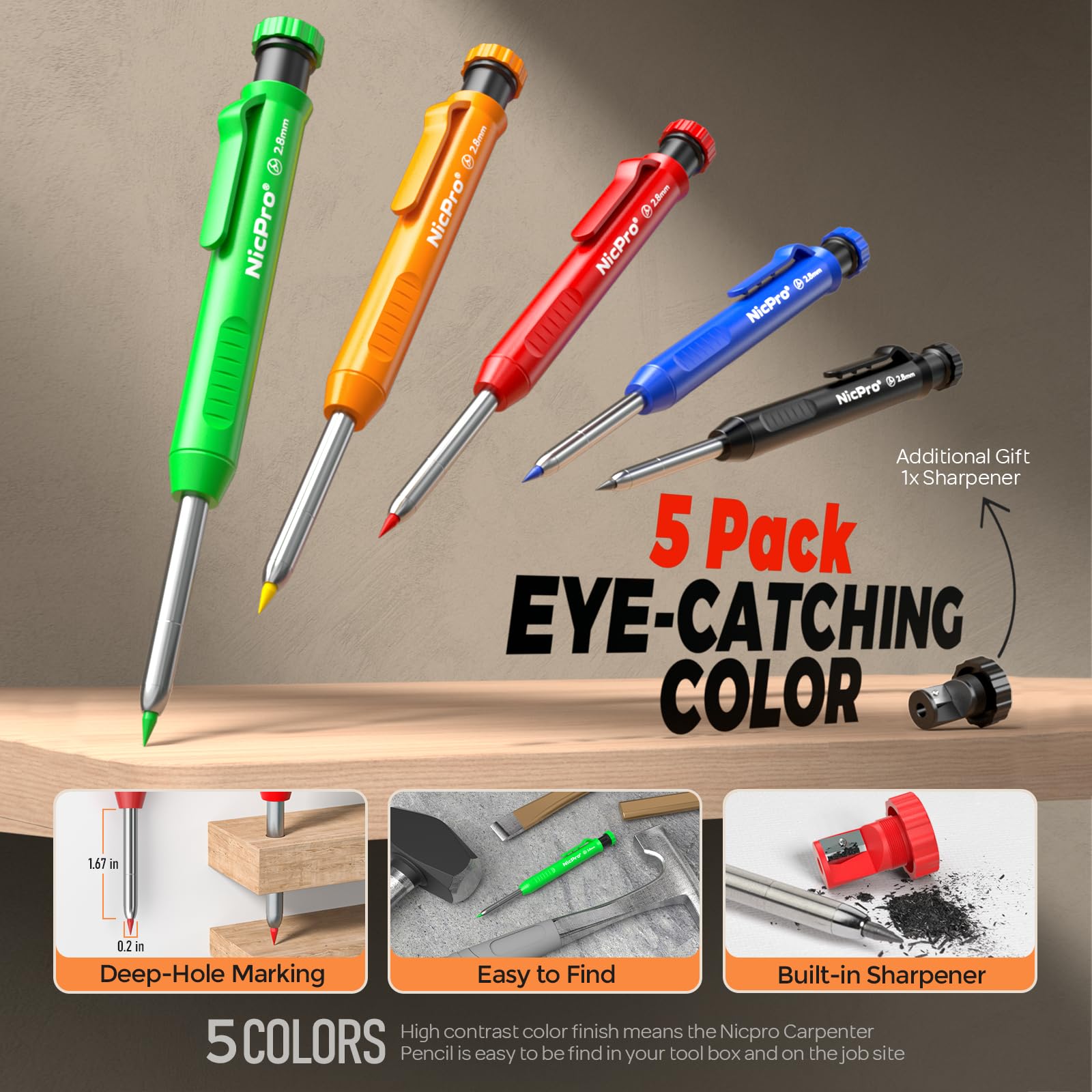 Nicpro 5 Pack Carpenter Pencil with Sharpener, Construction Mechanical Pencils with 48 Refills, Heavy Duty Marking Tool - Image 2