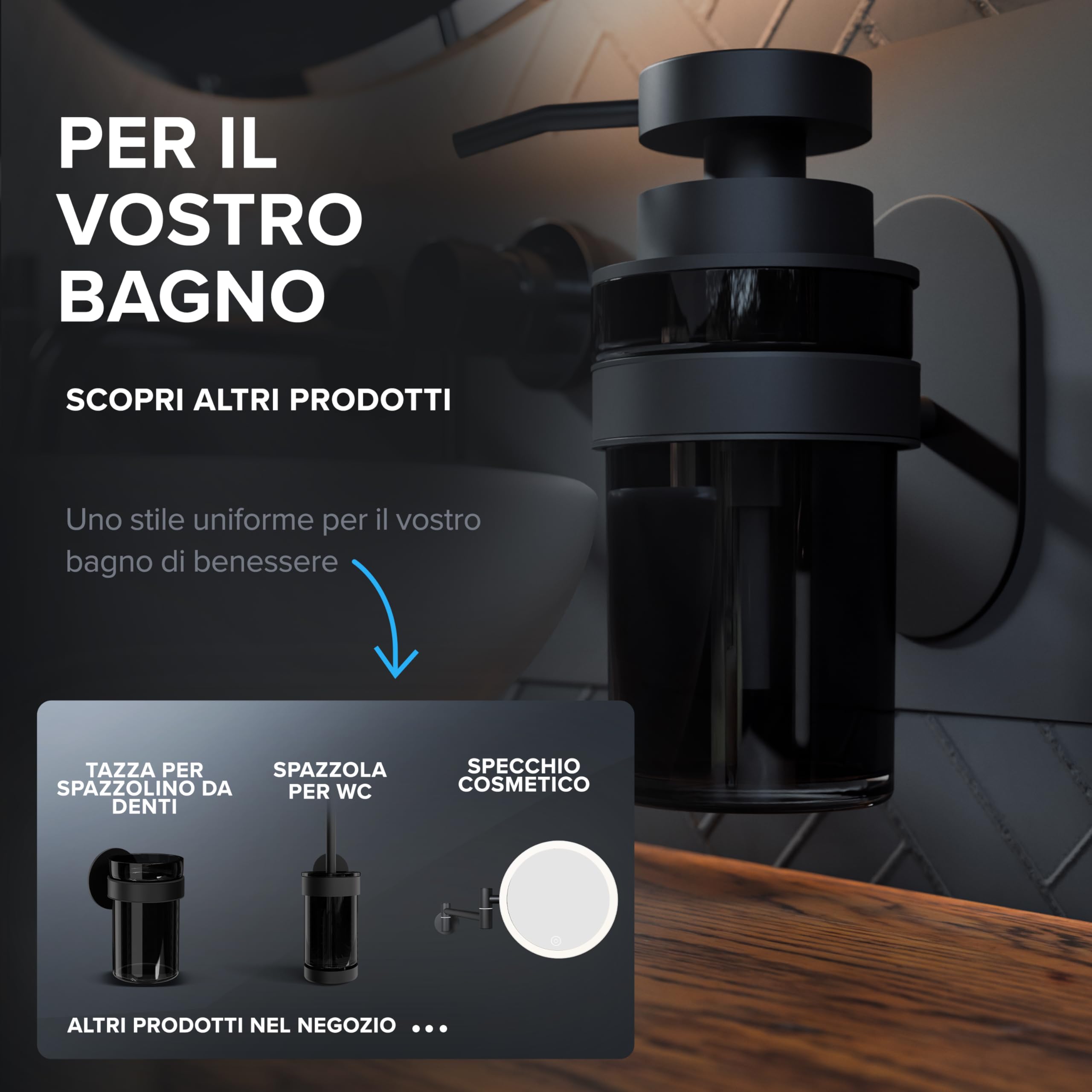 ovimar dispenser di sapone Lokta | nero | con montaggio a parete senza foratura | in acciaio inox e moderno vetro nero | con apertura extra large, facile da riempire | per il bagno o la cucina