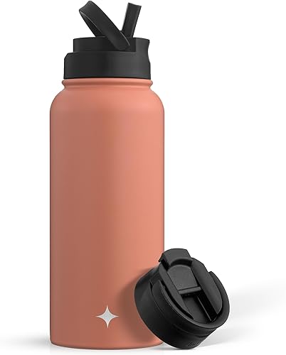 JoyJolt Botella de agua con triple aislamiento con tapa de popote y tapa abatible. Botella de agua grande de 32 onzas, botella de acero inoxidable