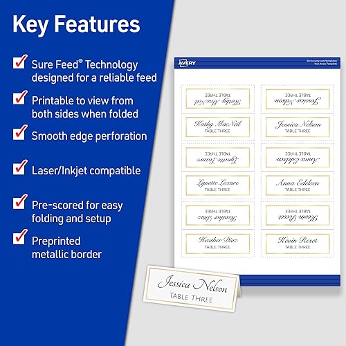 Miniatura 2 de Avery Tarjetas de lugar con borde dorado, 1-716 pulgadas x 3-34 pulgadas, 65 libras6.21 ozm, láserinyección de tinta, 150 tarjetas (35701)