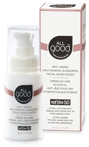 All Good - Crema hidratante facial mineral diaria antienvejecimiento con protección SPF 50, con ácido hialurónico, niacinamida, extracto de