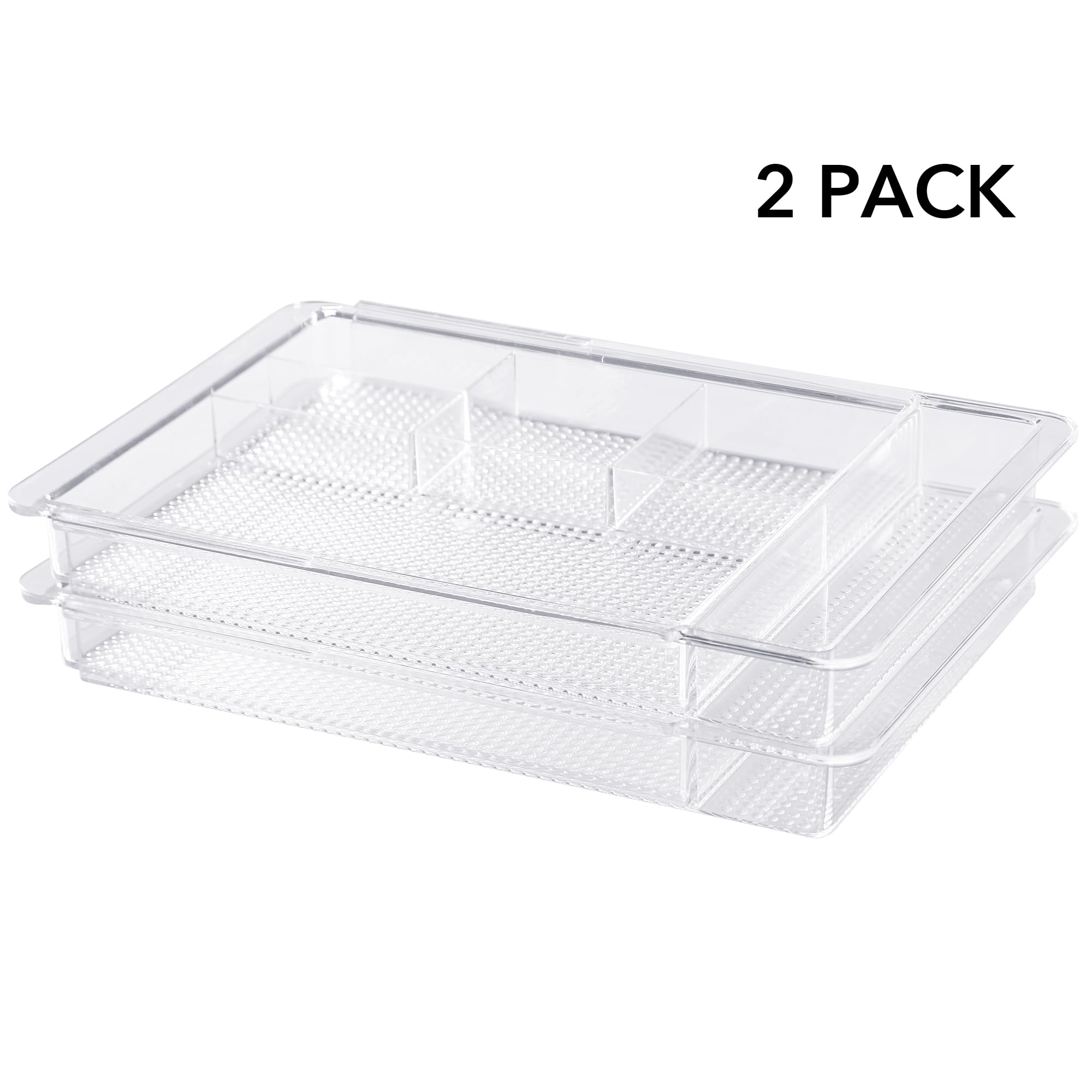 Oubonun Organizer espandibile per cassetti da 28,2 cm a 48,8 cm di larghezza, organizer per cosmetici poco profondo 3,3 cm di altezza, 2 confezioni, vassoi portaoggetti in plastica trasparente per