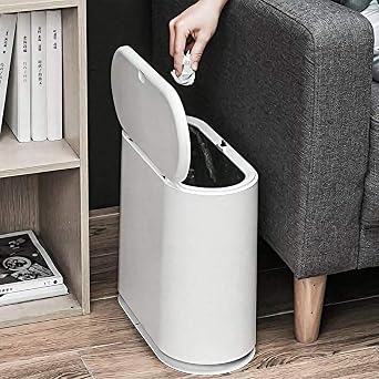 AIFUSI Trash Can, 10 Liter / 2.4 Gallon Plastic Slim Garbage Container Bin with Press Top Lid, White Waste Basket for Kitchen, Bathroom, Living Room, Office, Narrow PlaceIvory White