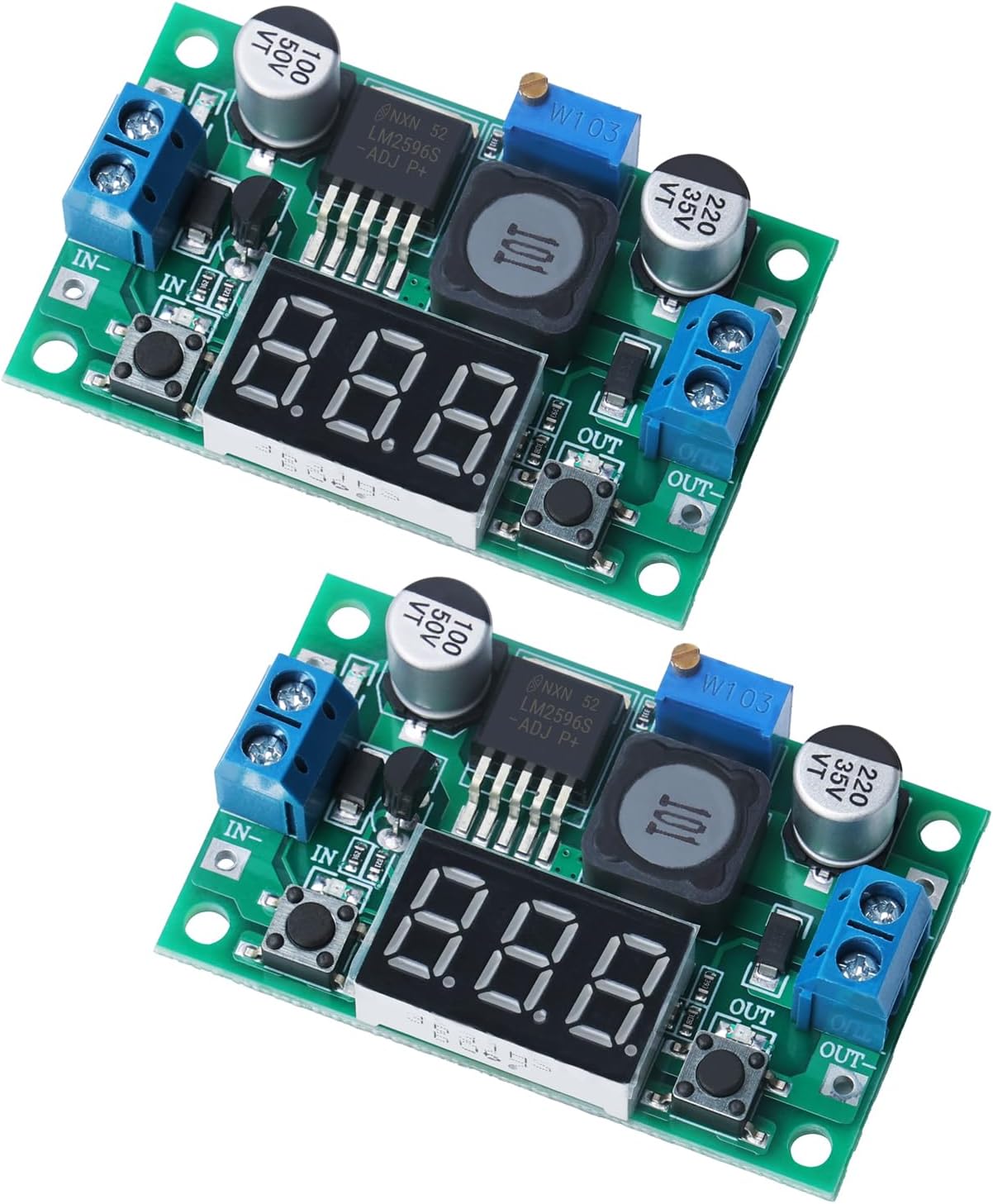 2PCS Green LM2596 Adjustable DC-DC Buck Converter Step Down Module with LED Voltage Display, 4-40V to 1.25-37V Power Supply