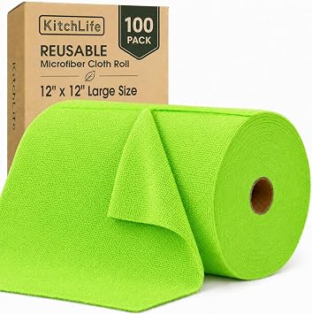 Microfiber Cleaning Cloth Roll, 100 Pack 12 x 12 Inch Tear Away Reusable Paper Towels, Thick Cleaning Towels, Absorbent Lint Free Washable Rags for Kitchen, Car, Garage and Workshop - Neon Green