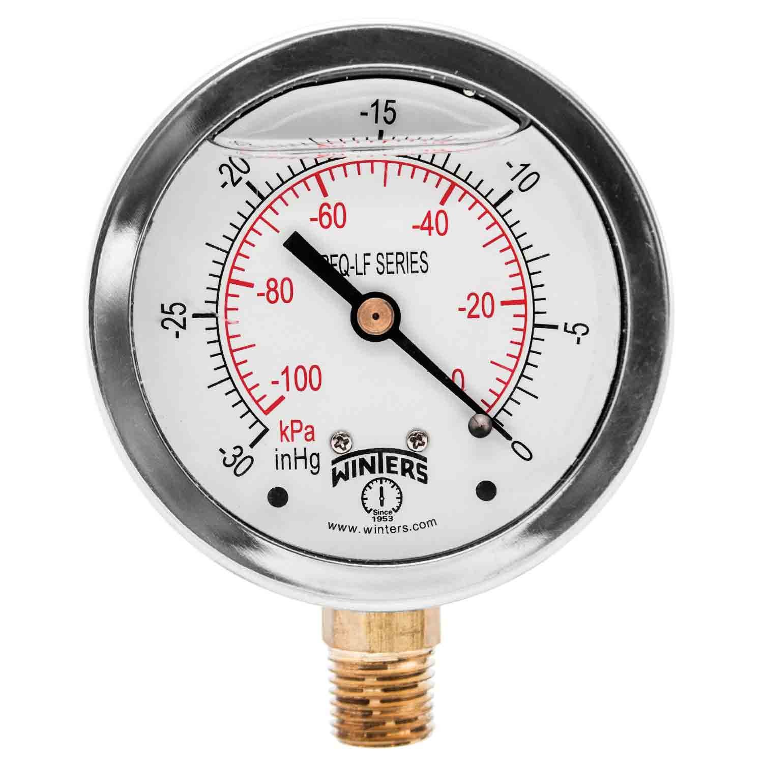Winters 2-1/2" Dial Size, Liquid Filled Pressure Gauge, Potable Brass Internals, 304 Stainless Steel Case, Dual Scale 0-60 psi/kPa, 1.5% Acc, 1/4" NPT Bottom Mount, Drinking Water Pressure Gauge
