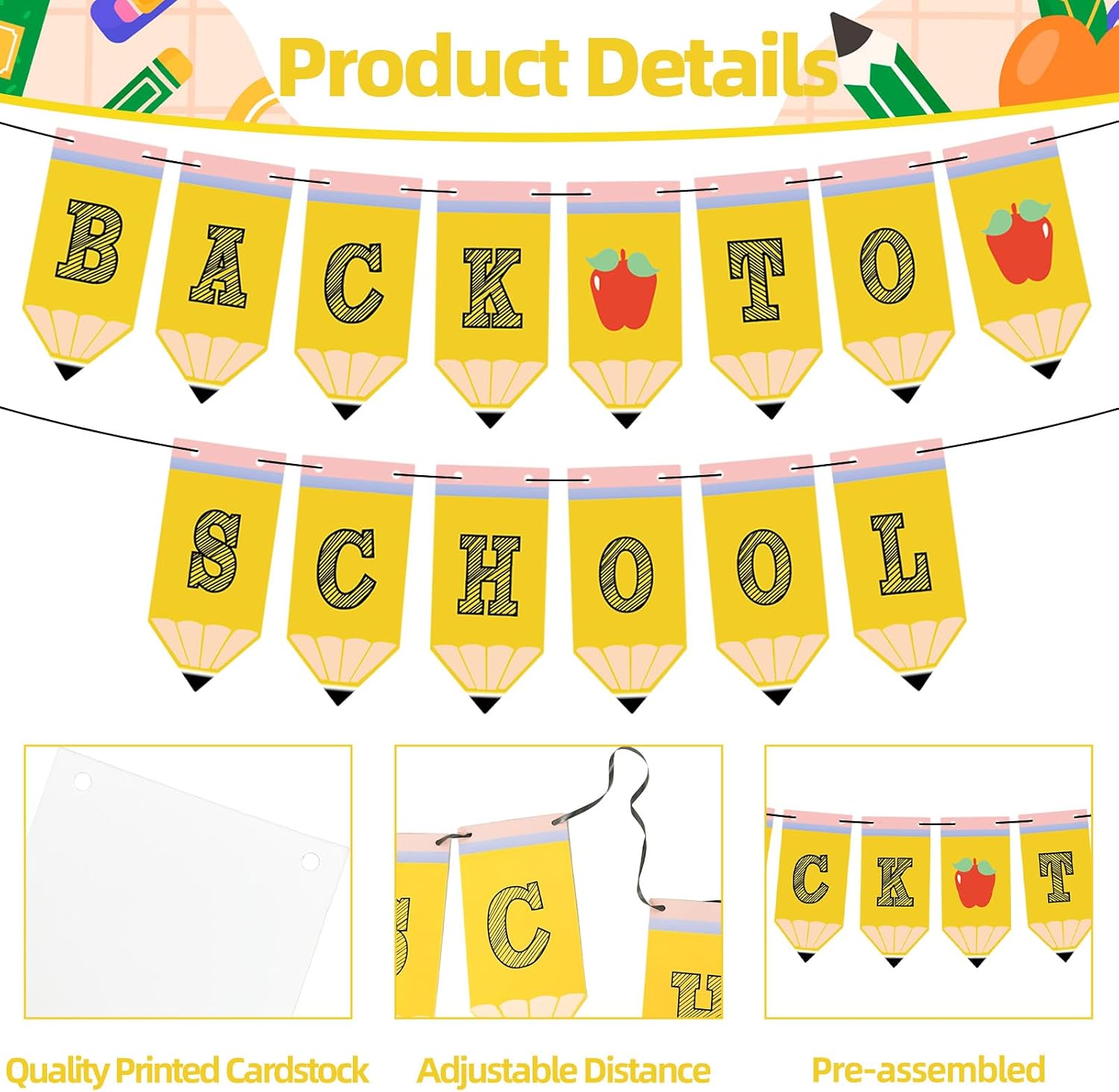 Back to School Banner Pencil Garland – First Day of School Classroom Welcome Sign with Apple Design for Teacher Appreciation, Student Photo Booth, Bulletin Board, and School Decorations
