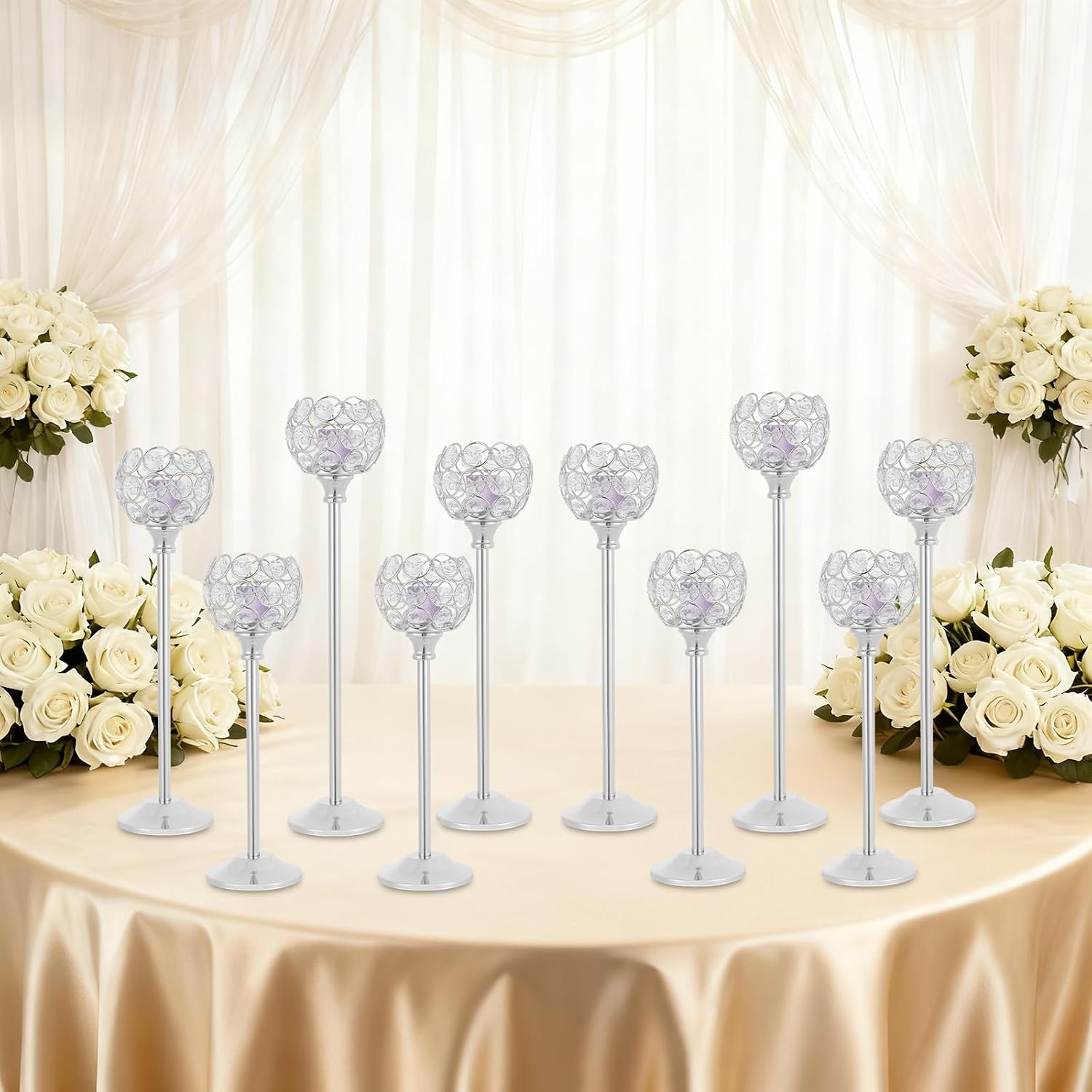 2 PCS 5 Arm Gold Crystal Candelabra Centerpieces for Table Decorations 26 Inch Tall Metal Candle Holder Candlestick Holders with Crystal Bowl for Wedding, Dinner, Anniversary, Party (10, Silver)