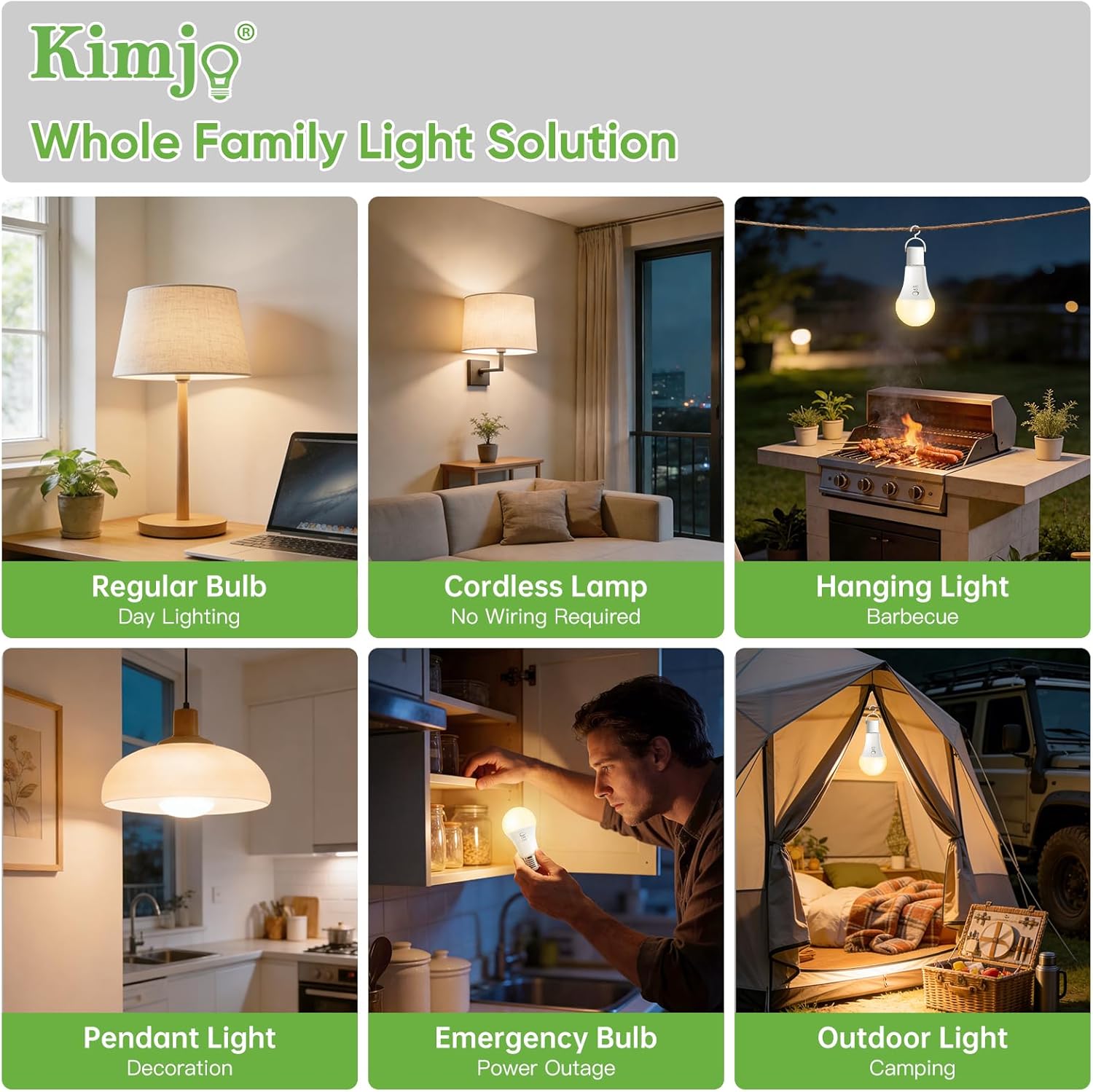Kimjo 6 Pack Rechargeable Light Bulbs with Remote, Keep Lighting During Power Outage, 2600mAh Emergency Battery Operated Light Bulb with 3 Colors, Dimmable for Home, Camping, Tent (E26, with Hook)