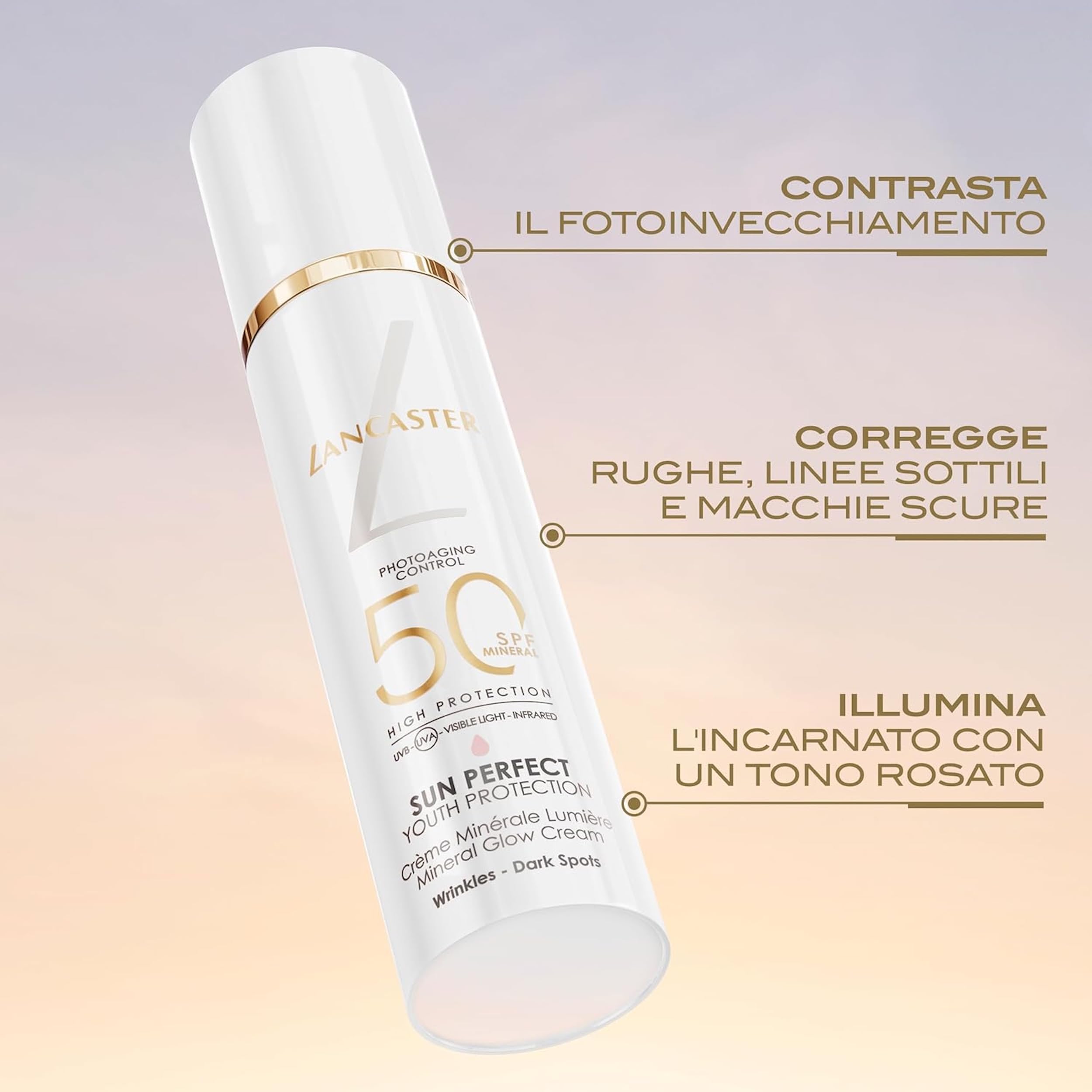 Lancaster Sun Perfect - Crema Protezione Solare Viso SPF50, Texture Leggera, Contrasta il 100% dello Spettro Solare, Corregge e Previene Rughe e Macchie Scure, Resistente all'Acqua, 50ml