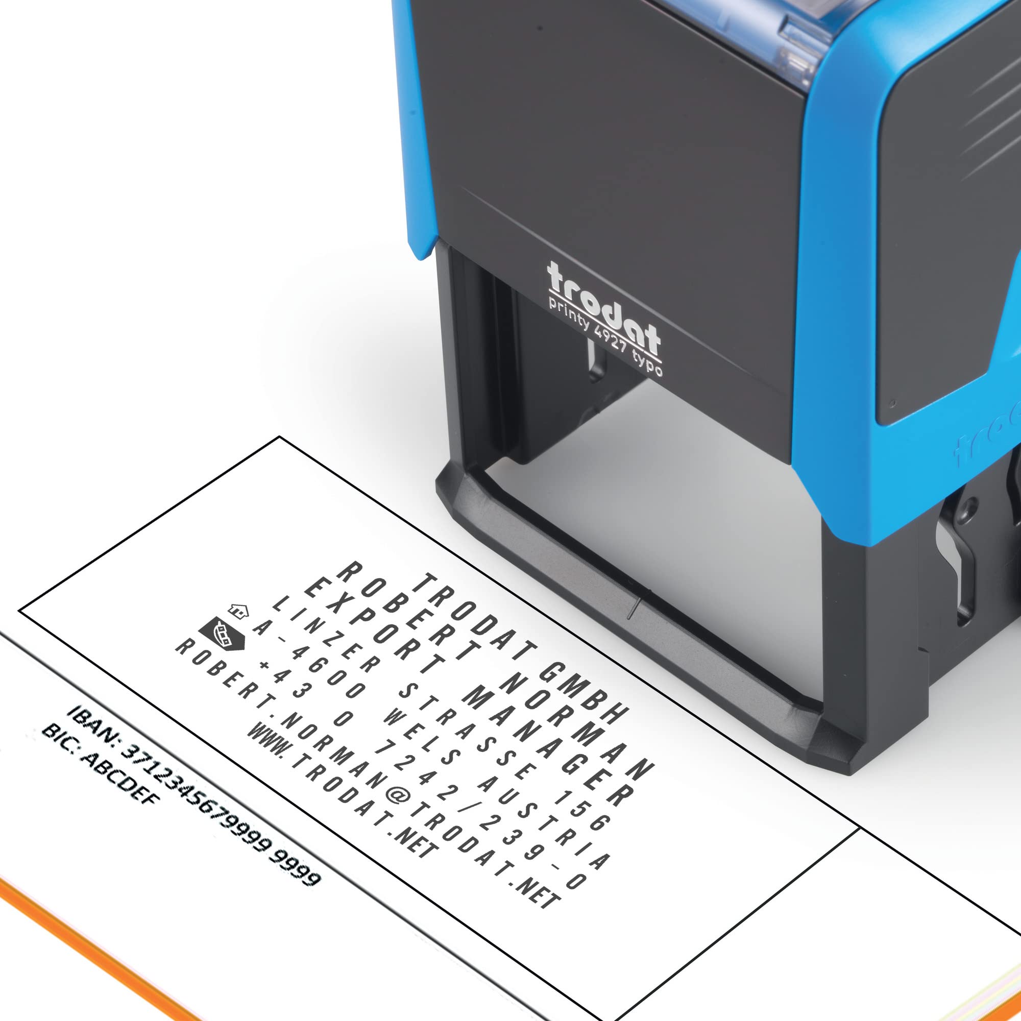 Trodat Printy 4927 Typomatic 4.0 Blue Personalised Ink Pad - 8 Lines Of Text - Self Inking - Black Ink Included - Composition Plate And Tweezers Included - View #6