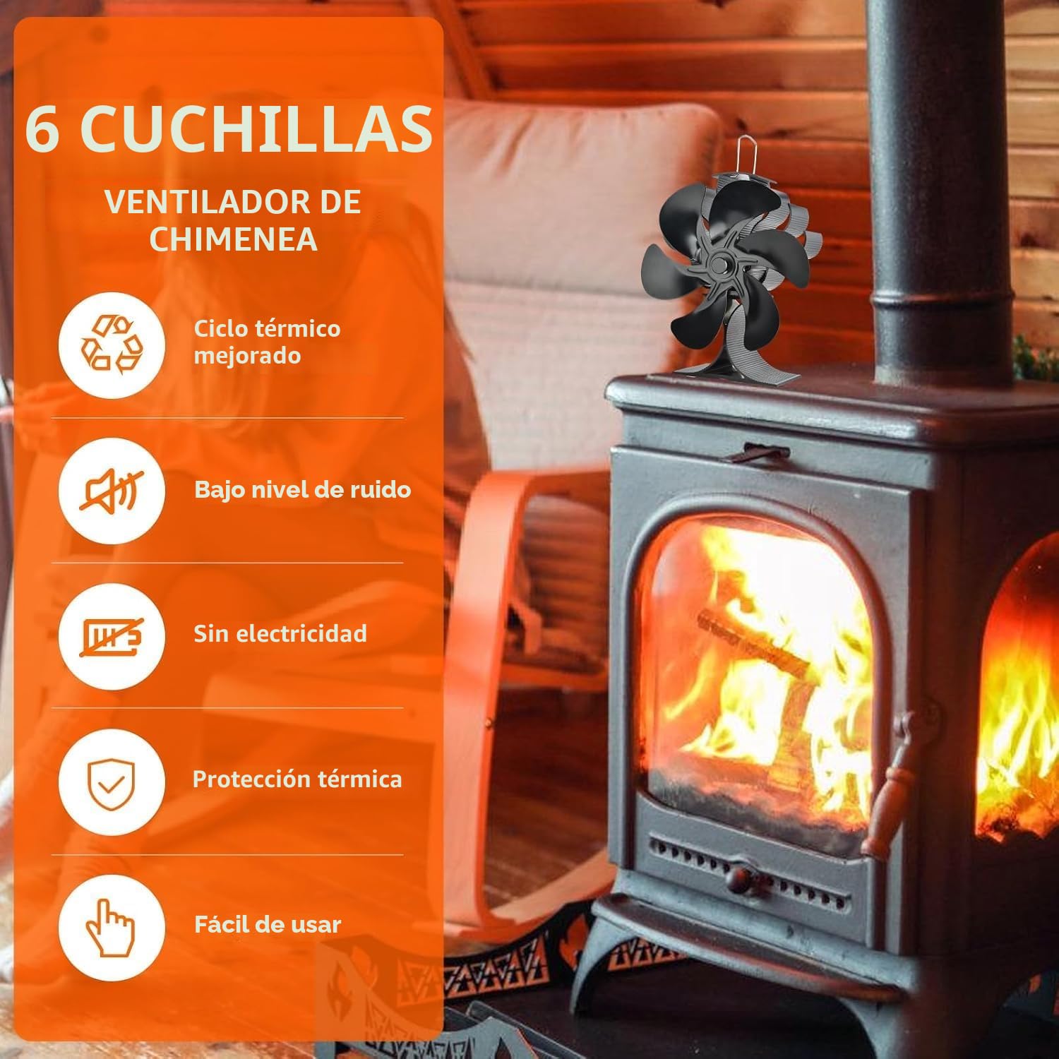 Ventilador para estufa de leña, ventilador de carbón de 6 aspas, eficiente y silencioso, apto para estufas de leña, chimeneas y chimeneas