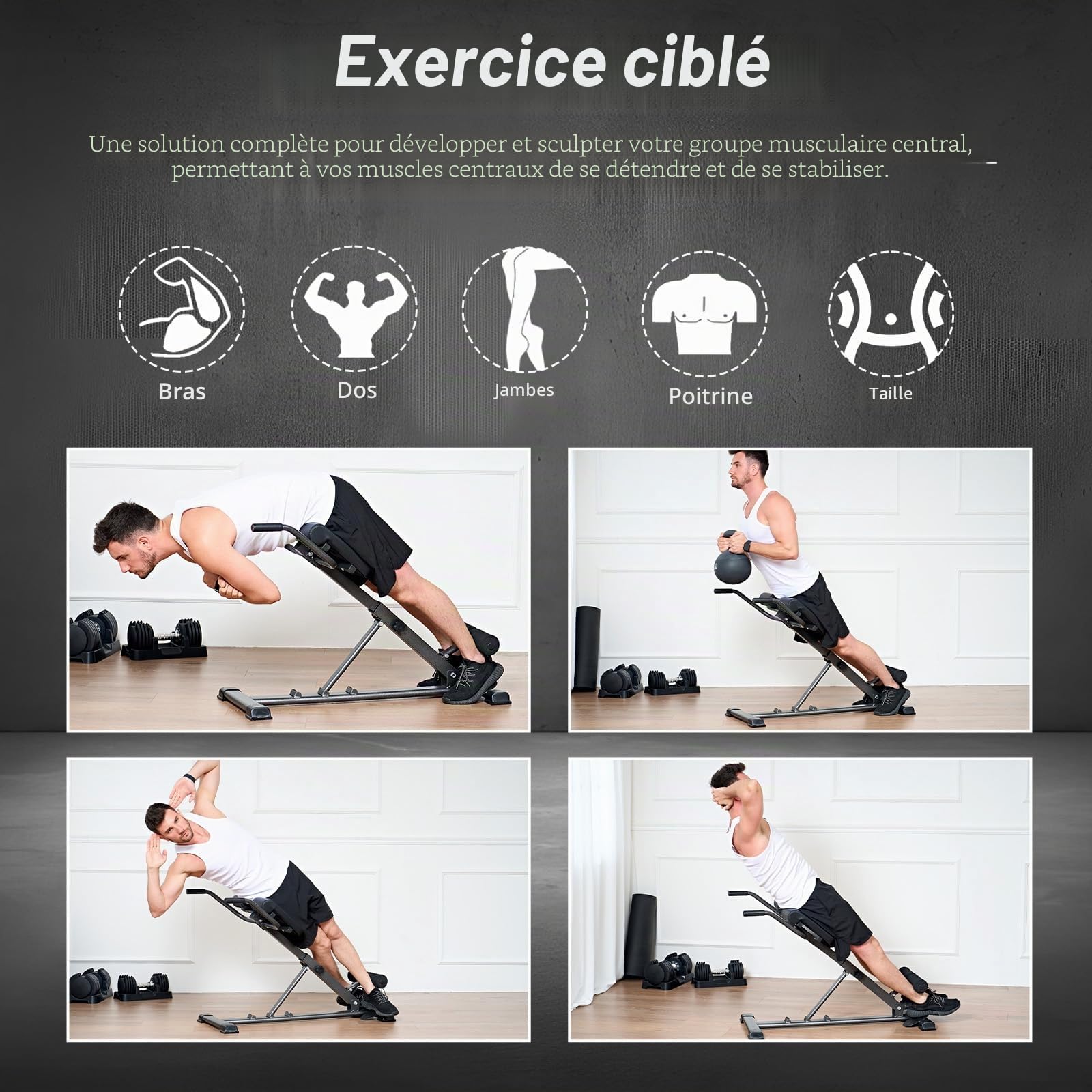 SogesPower Chaise Romaine Hyperextension pour Dos, Banc de Musculation Pliable Réglable en Hauteur, Appareil Hyper Extension pour Abdominaux, Fitness, Charge Max. 120 kg