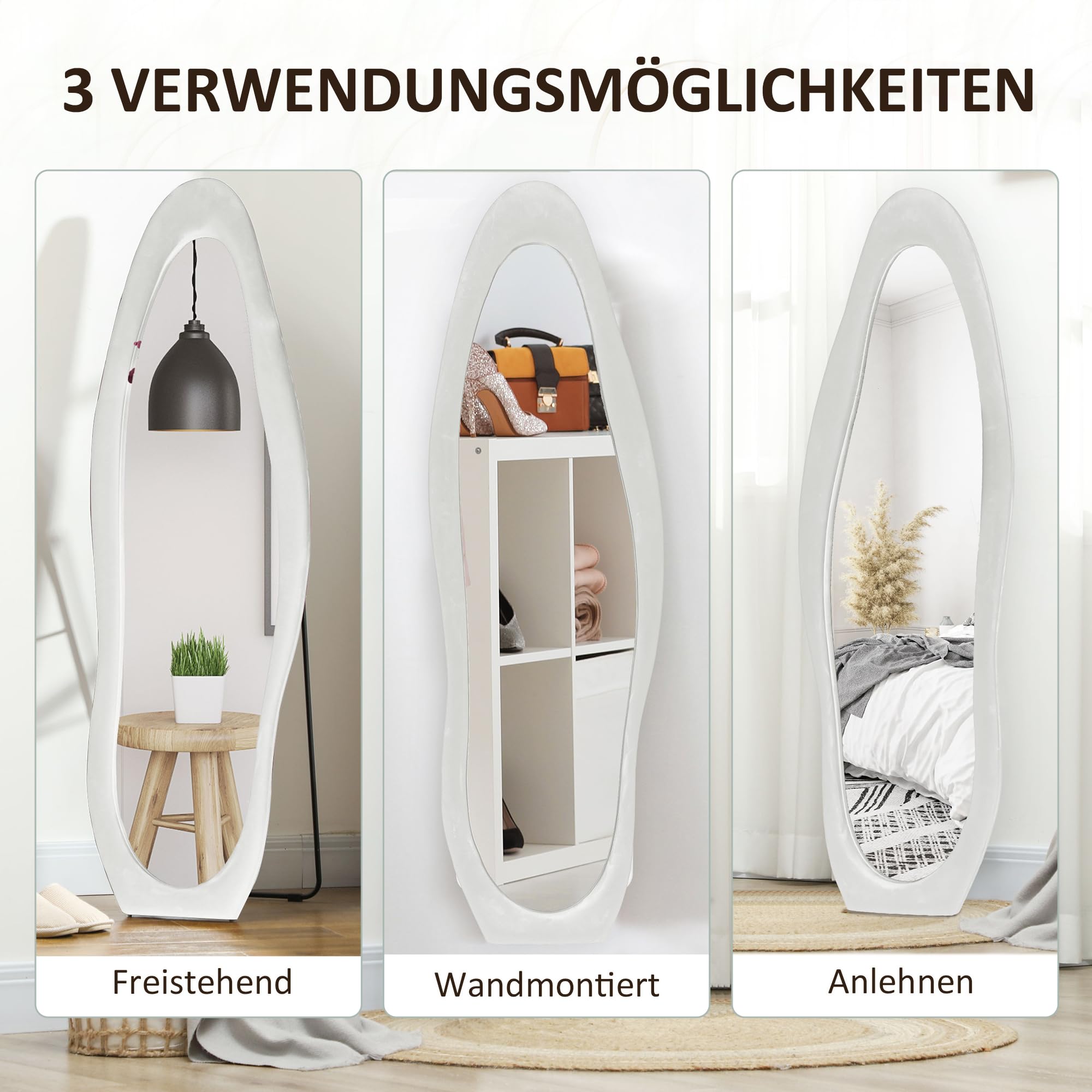 HOMCOM Miroir sur Toute la Longueur, 50 x 160 cm, avec revêtement en Velours, Miroir Mural ondulé irrégulier pour Chambre à Coucher, Salon, Blanc