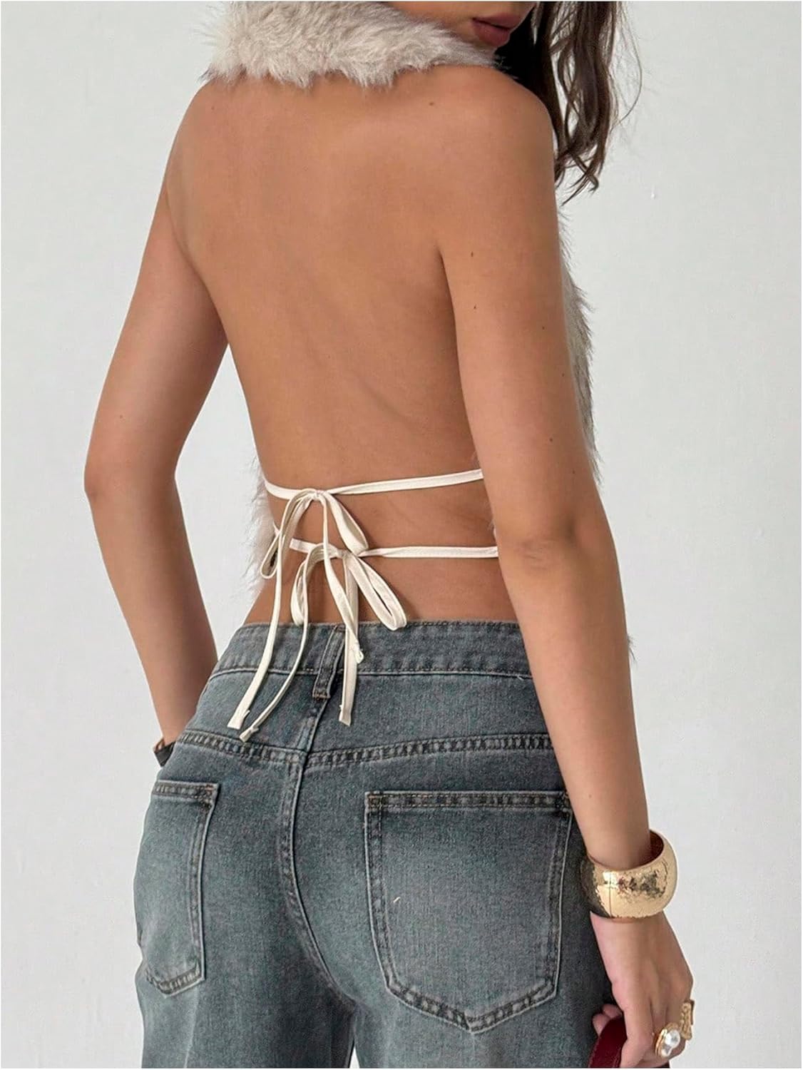 MakeMeChic Women's Faux Fur Vest Coat Furry Sleeveless Tie Open Back Y2K Cropped Jacket - Image 4