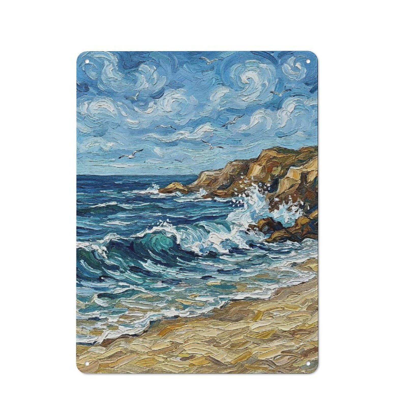 Junmoney Style-22 Impressionistic Seascape With Cliffs And Birds Retro Metal Wall Decor 40X30cm, Retro Metal Sign For Garage, Hobby Room, Office Or Man Cave