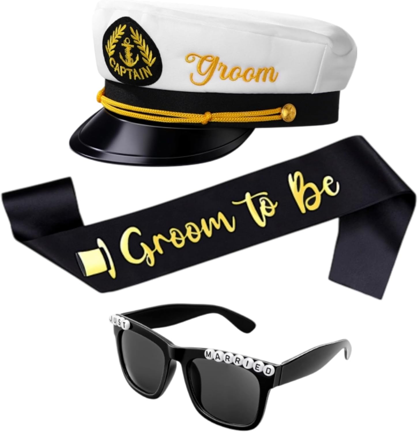 Hercicy Bachelor Party Captain's Hat Glasses Sash Set, Captain's Hat Bachelorette Sash Sunglasses Funny Accessories for Bridal Shower Wedding Party Decorations Gifts Favors