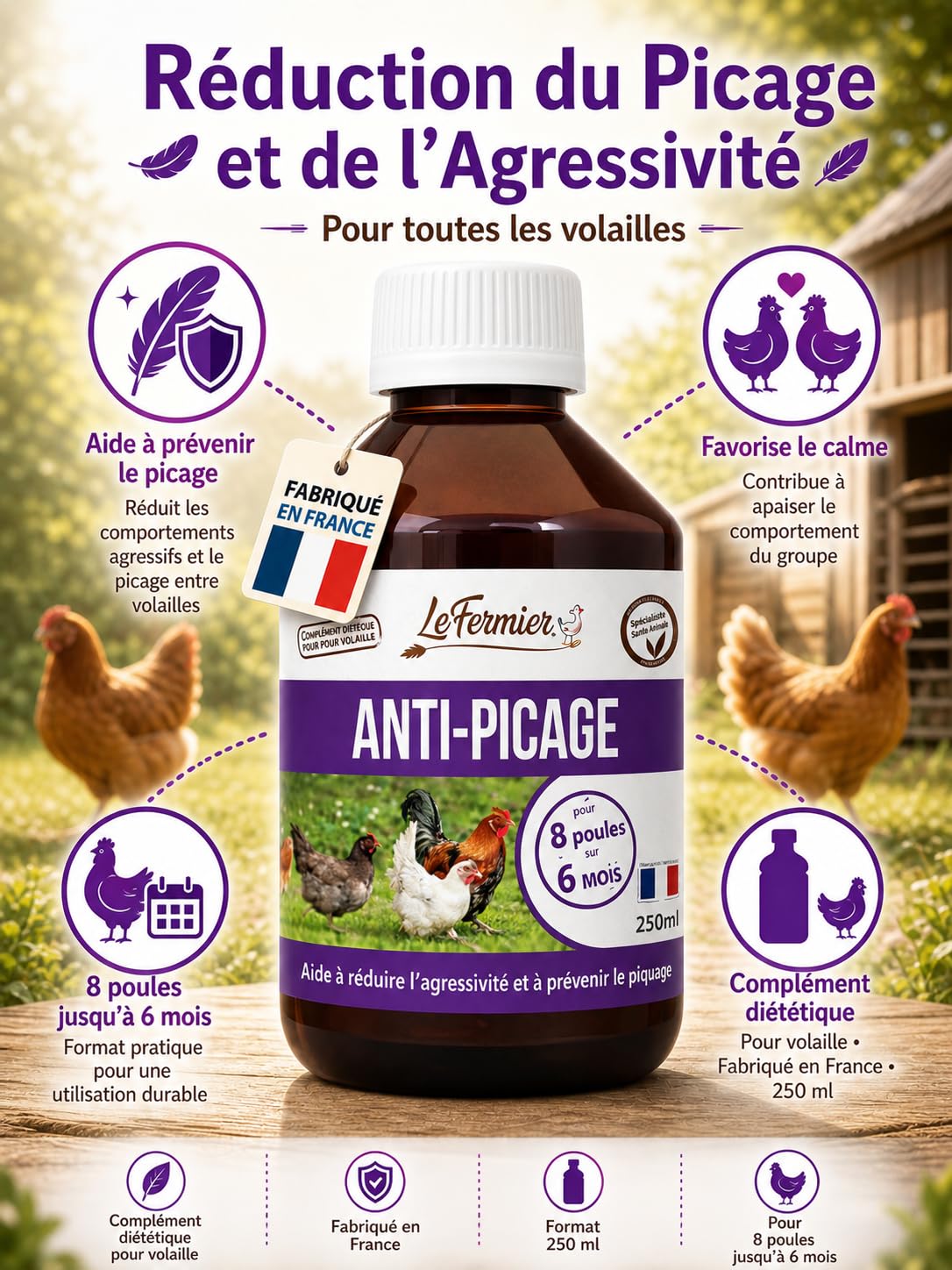 Anti-Picage Poules 250 ML – Complément Liquide pour Volailles – Aide à Réduire Picage, Stress & Agressivité – pour Poules, Canards, Oies – sans Impact sur Les Œufs