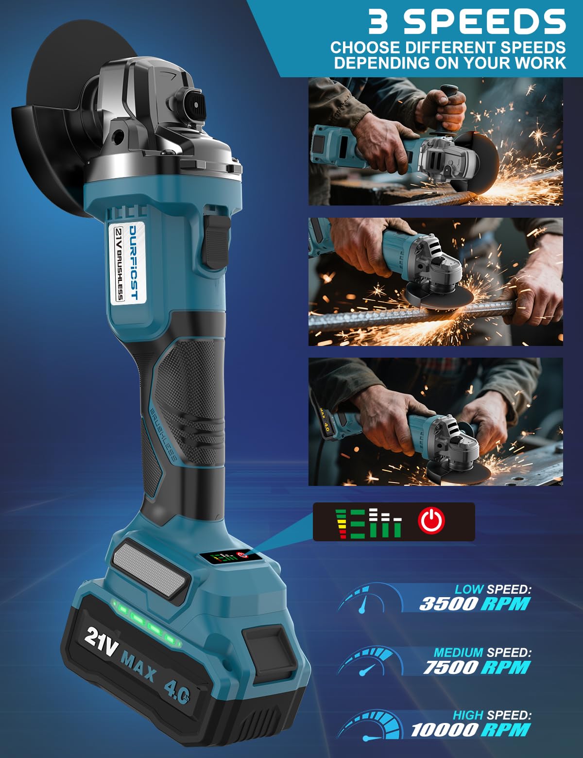 DURFICST DAG310 Akku Winkelschleifer, 125 mm/10,000 RPM Akku Flex mit 2×21V 4000 mAh Akkus und Ladegerät, 4 Trennscheiben, 4 Polierscheibe, Metallratsche und Tragekoffer (zum Trennen und Schleifen)