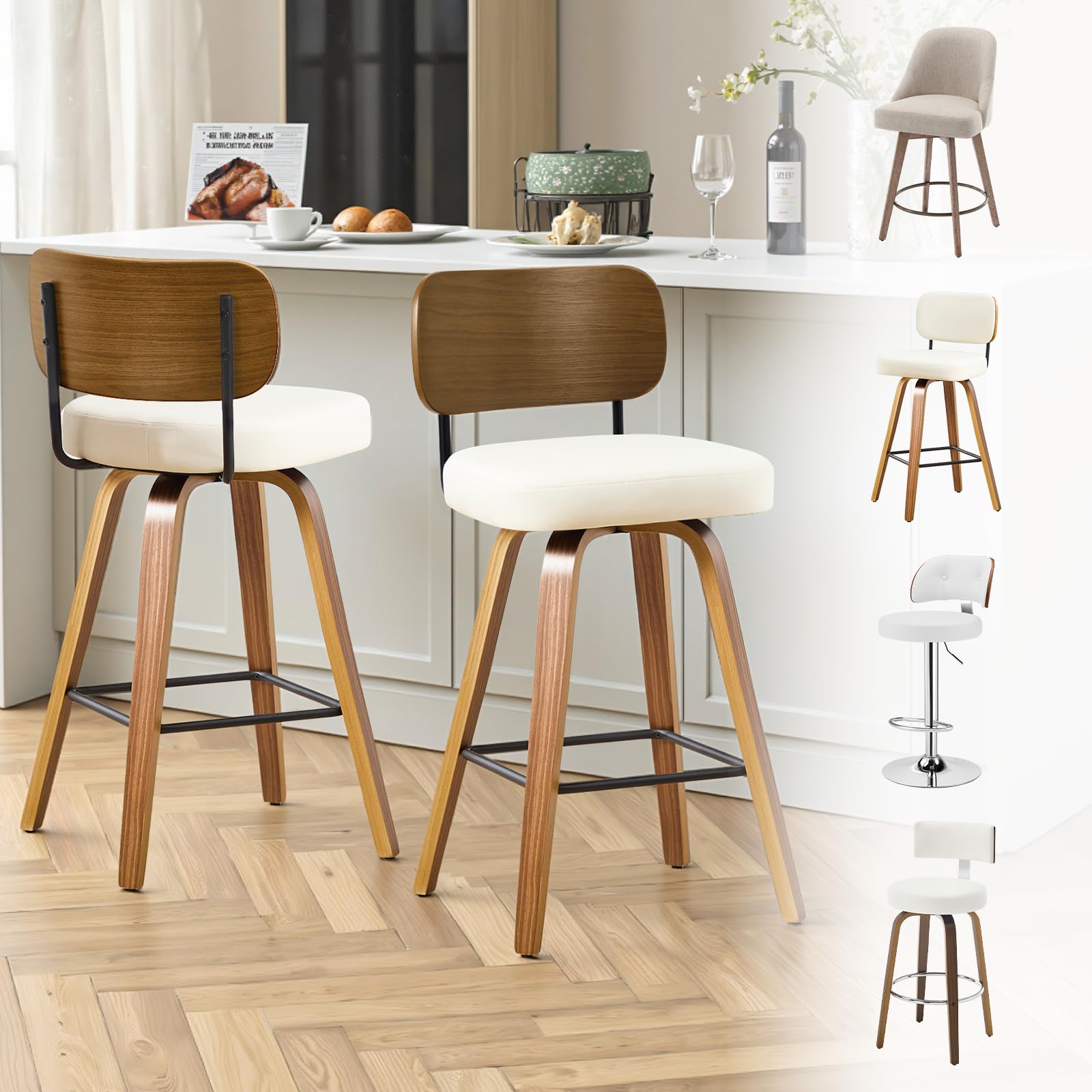 Bekrvio Set of Two 360° Swivel Square Bar Stools with Bent Wood Backrests and Walnut Legs. Mid-century Modern Counter-height Chair for the Kitchen, 65cm