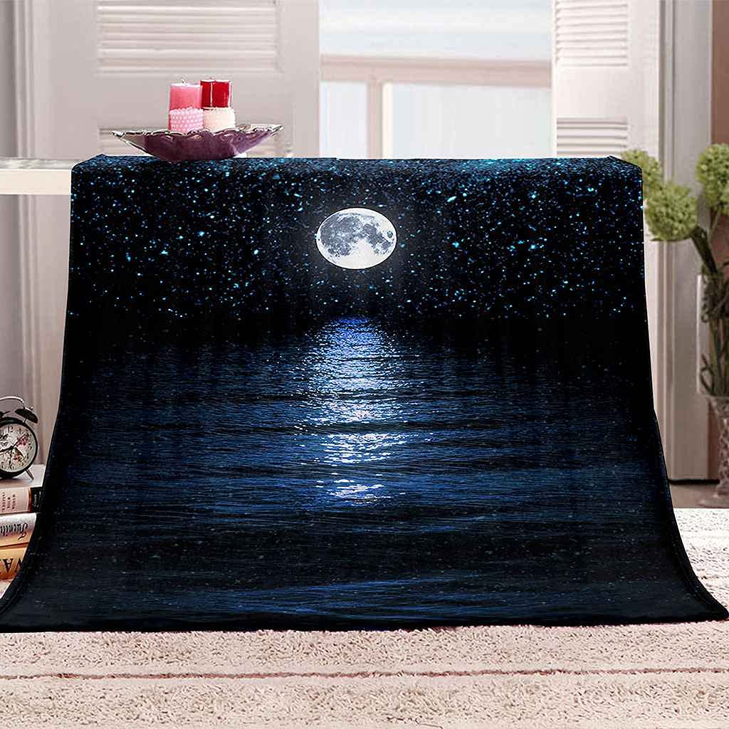 Couverture flanelle microfibre 3D au toucher velours premium lune bleue 150x200