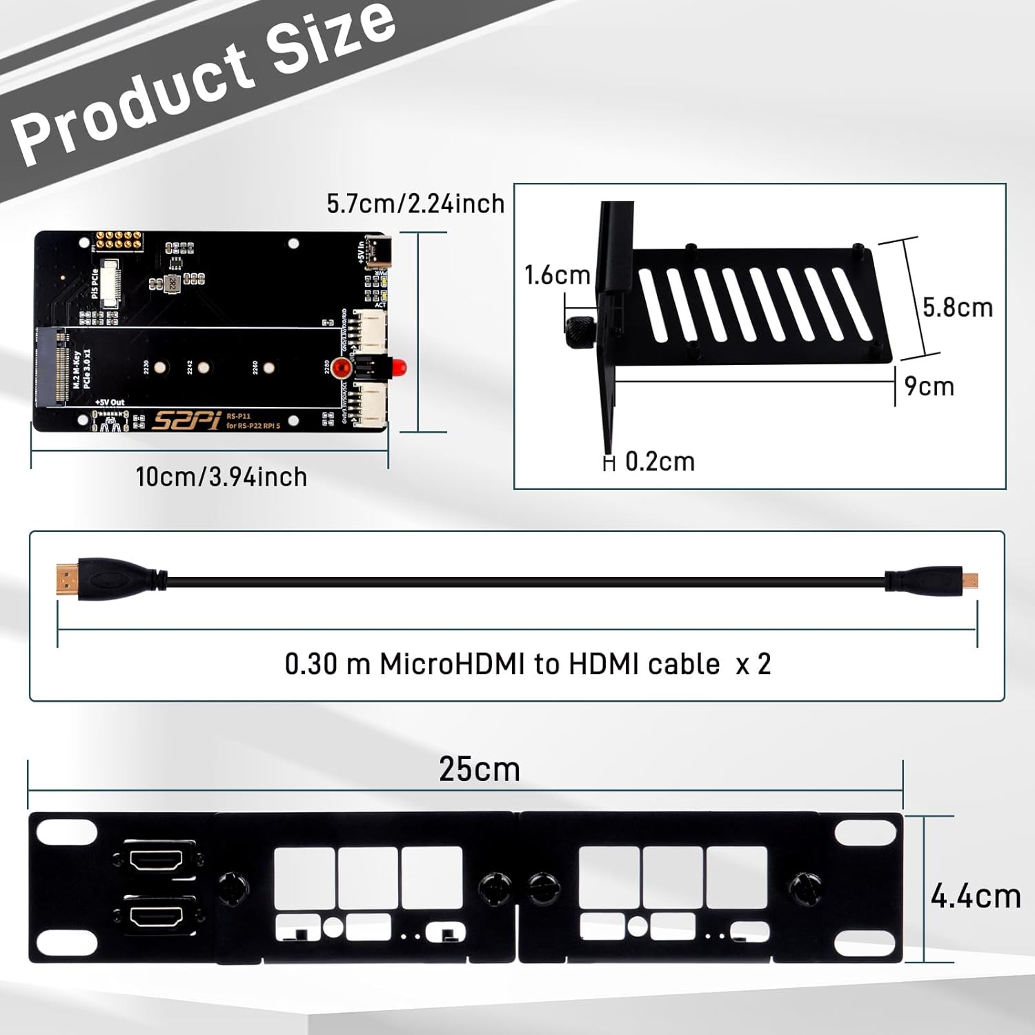 Diagram showing product dimensions of the rack mount and adapter board