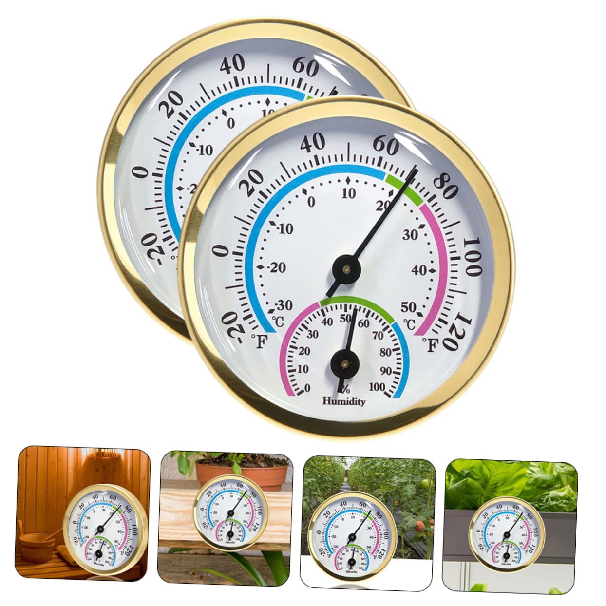 2pcs Aluminium Golden Hygrometer, 57mm Indoor Outdoor Thermometer