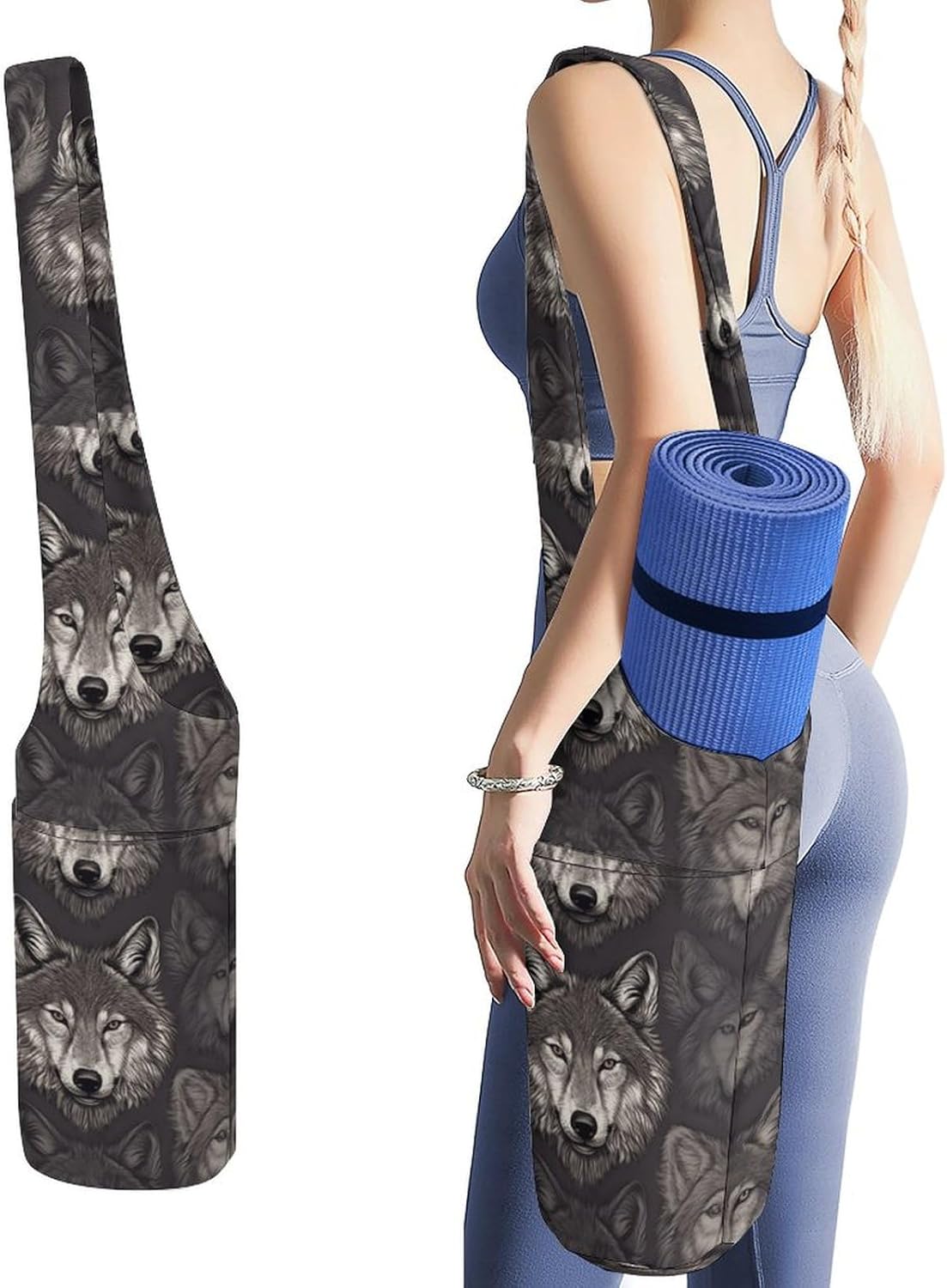 Yoga Mat Organizer, Wolf Head Pattern Print Yoga Mat Bag Gym Mat Bag Canvas Storage Bag Durable Yoga Carrier