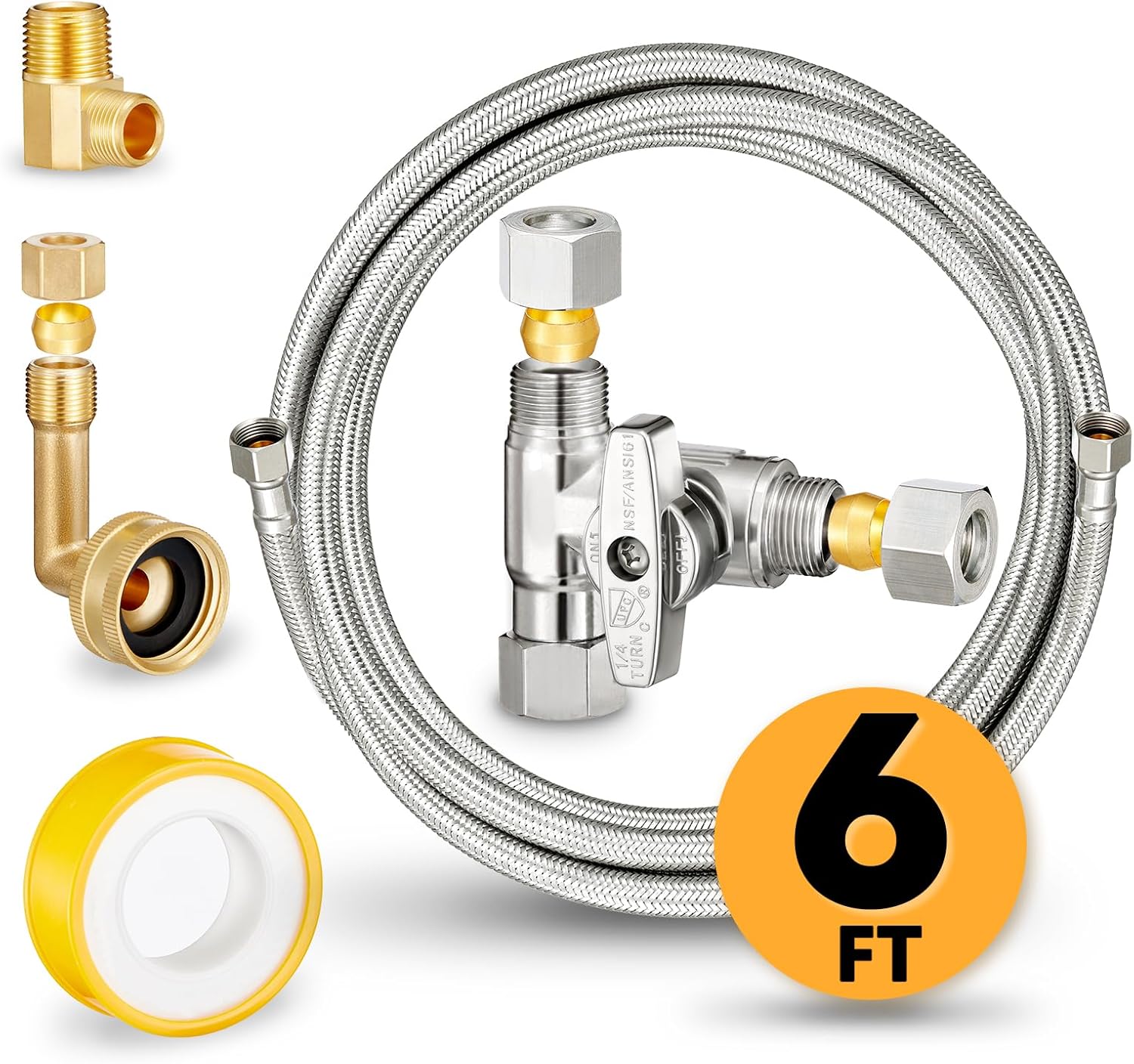 Dishwasher Hose Installation Kit – Includes Water Supply Line, 3/8″ Compression Water Splitter, 3/4″ FHT Elbow, and 3/8″ MIP Elbow (6 FT) Dishwasher Hose Installation Kit – Includes Water Supply Line, 3/8″ Compression Water Splitter, 3/4″ FHT Elbow, and 3/8″ MIP Elbow (6 FT)