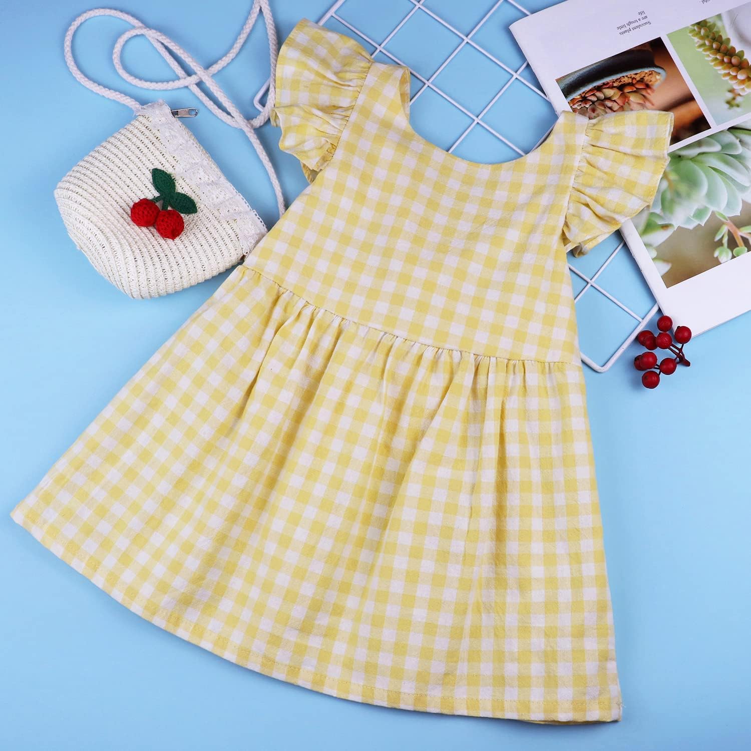 AGQT Baby Girls Plaid Dress Flutter Sleeve Gingham Spring Summer Dresses Size 6M-8T