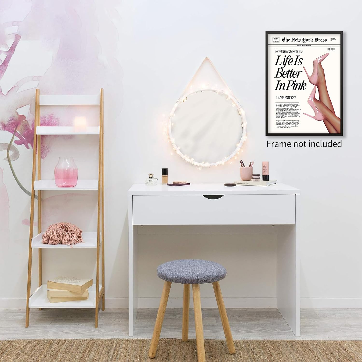 Vintage Funky Newspaper Wall Art Fashion Funny Quote, Life Is Better In Pink Poster Prints Heel Picture for Girly Bedroom Apartment Wall Decor 12x16 inch Unframed