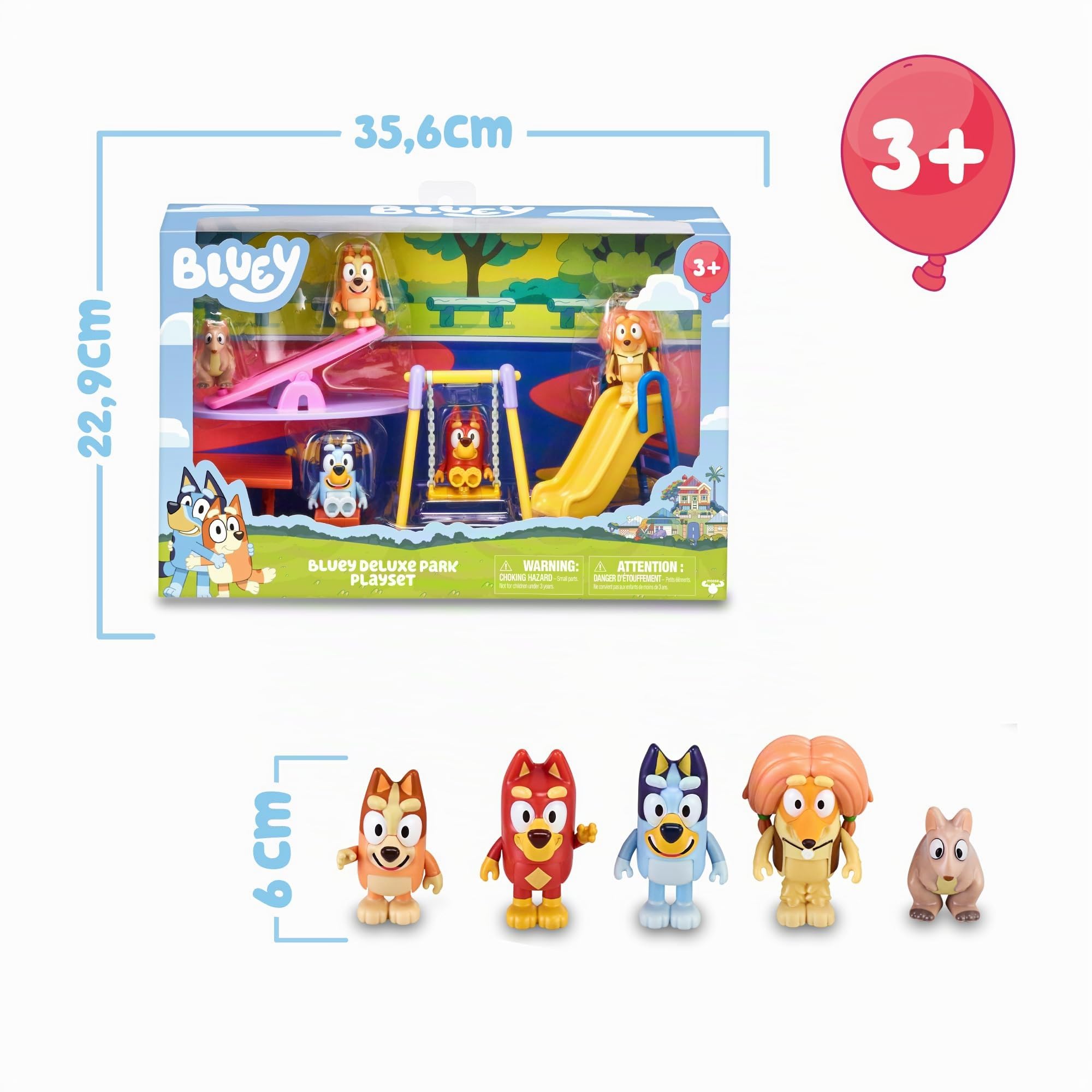 Bluey - Parc, Playset de Jeux avec 5 Personnages de la Série et Accessoires du Parc, Balançoire, Toboggan, balançoire et Table de Pique-Nique, garçons et Filles +3 Ans, Célèbre (BLY51000)