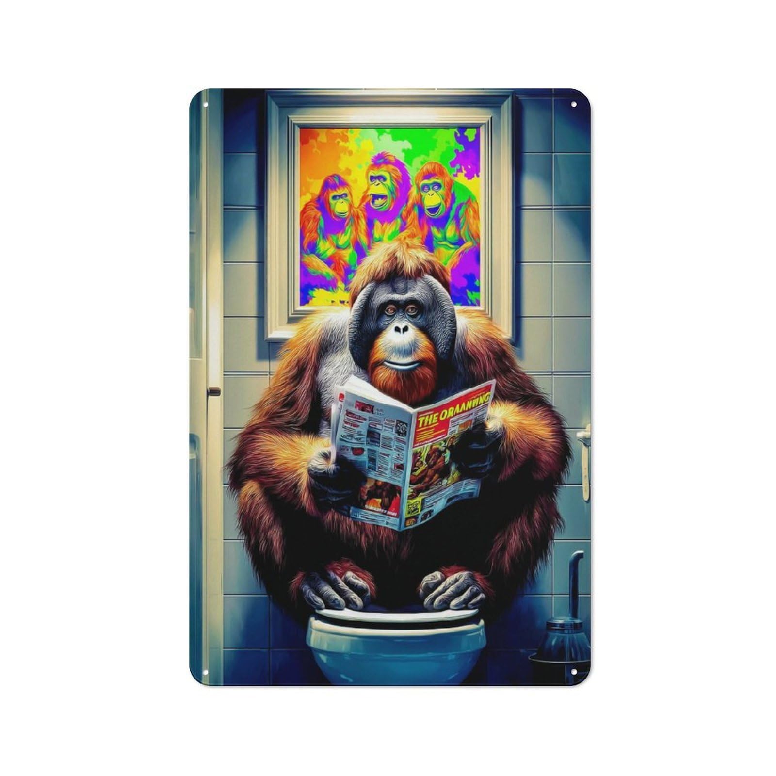 Junmoney Orangutan Reading Newspaper In Bathroom Decorative Tin Plaque With Design 30X20cm, Classic Novelty Wall Art For Flat, Dorm Room, Lounge Or Cafe