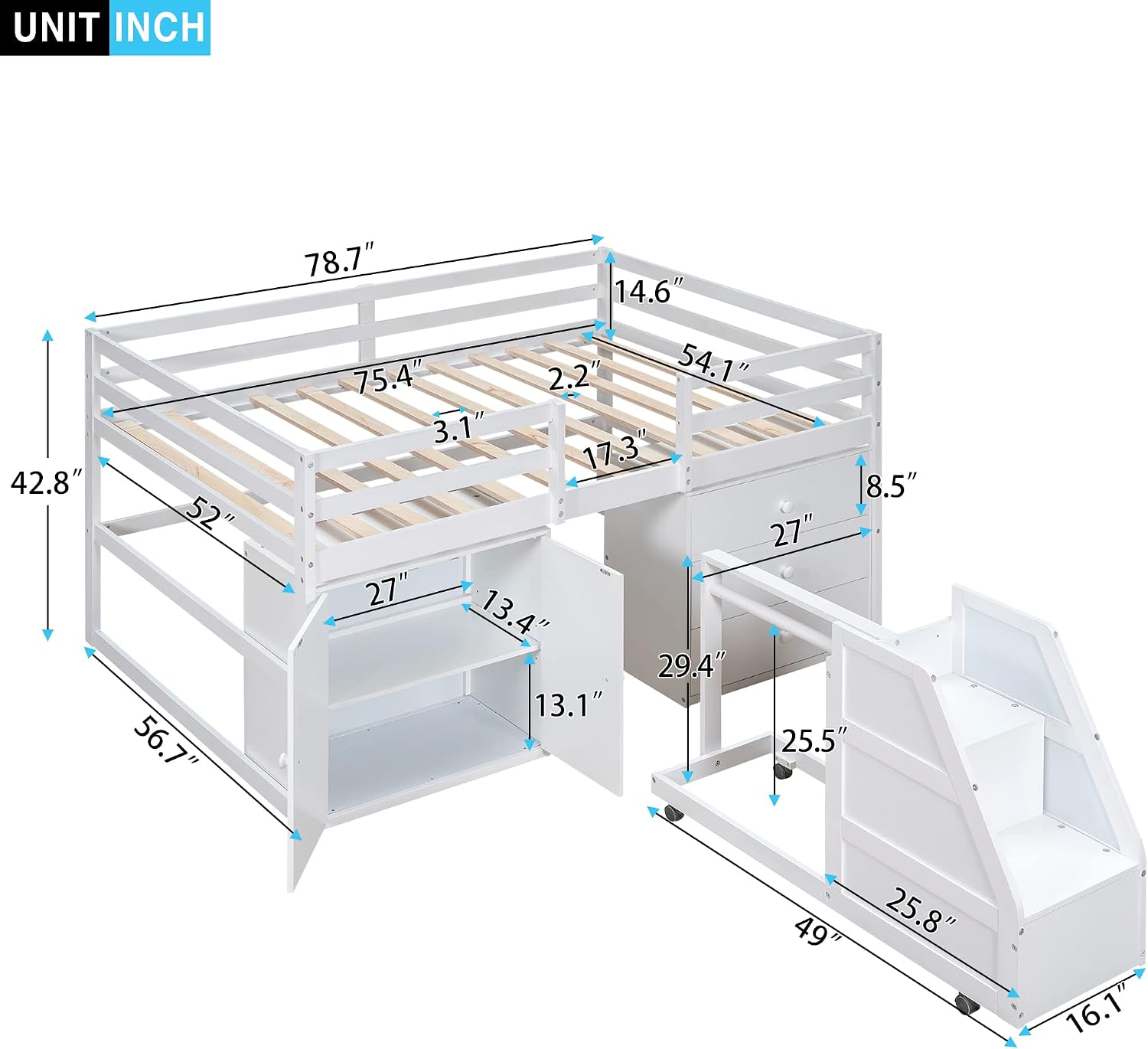 Bellemave Low Full Loft Bed with Storage Drawers & Cabinet Wood Kids Loft Beds Frame with Portable Stairs Built-in Hanging Rod for Juniors, Teen, Boys, Girls, Full Size, White
