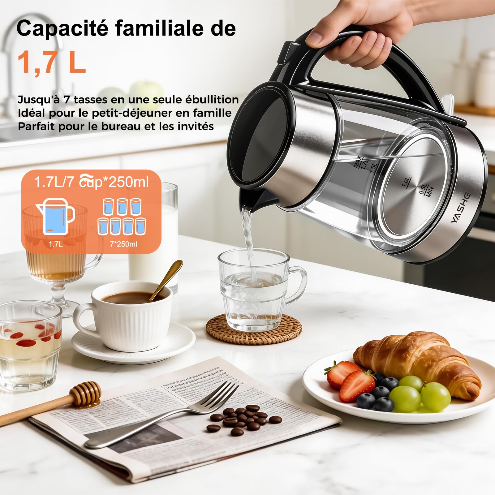 Bouilloire Électrique en Verre 1,7L 2200W avec LED Bleue et Filtre Anticalcaire