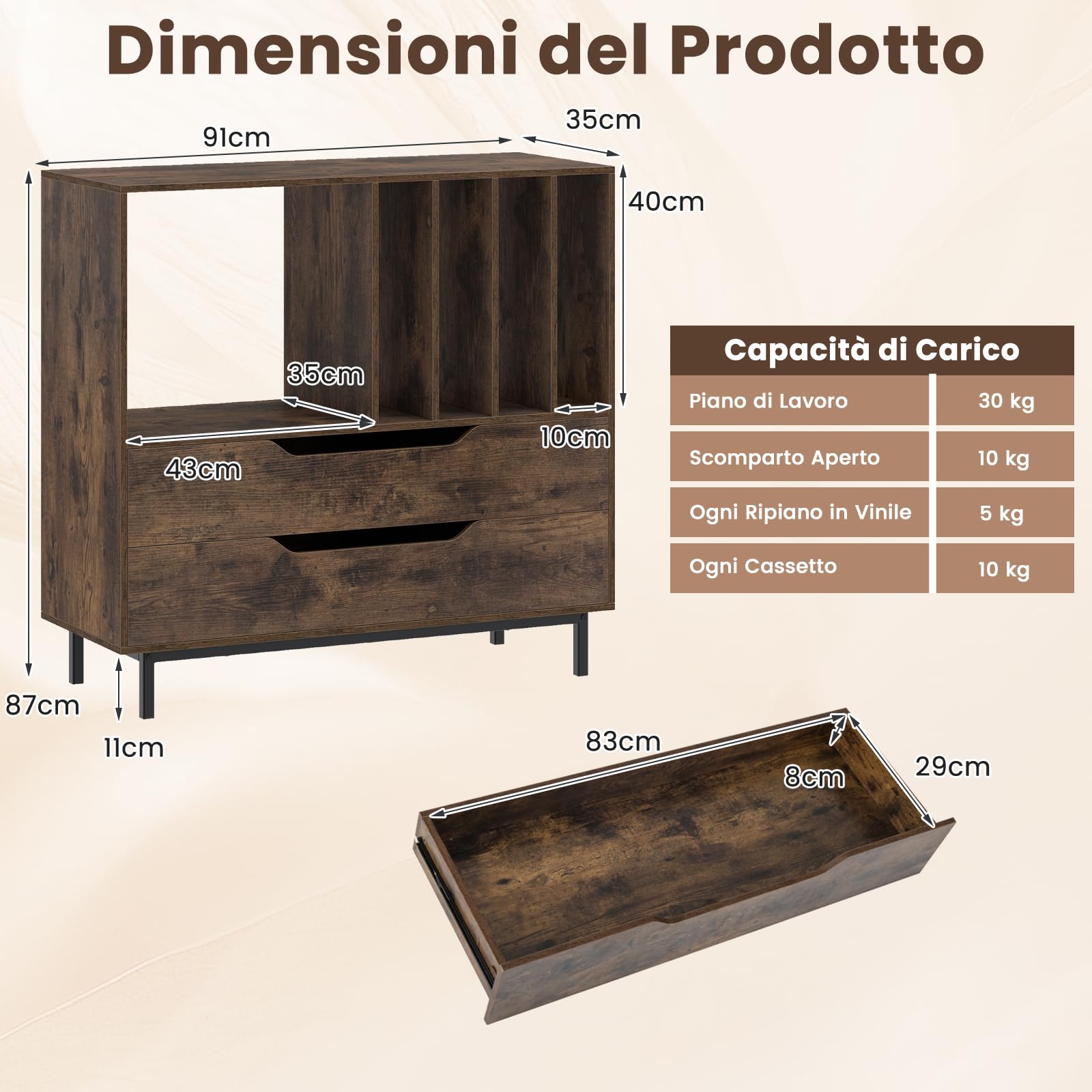 RELAX4LIFE Supporto per Giradischi, Scaffale per Dischi in Vinile con Ripiani Aperti e 2 Cassetti, Kit Anti-Ribaltamento, Mobile Espositore per Dischi per Camera da Letto, Soggiorno, Studio (Marrone)