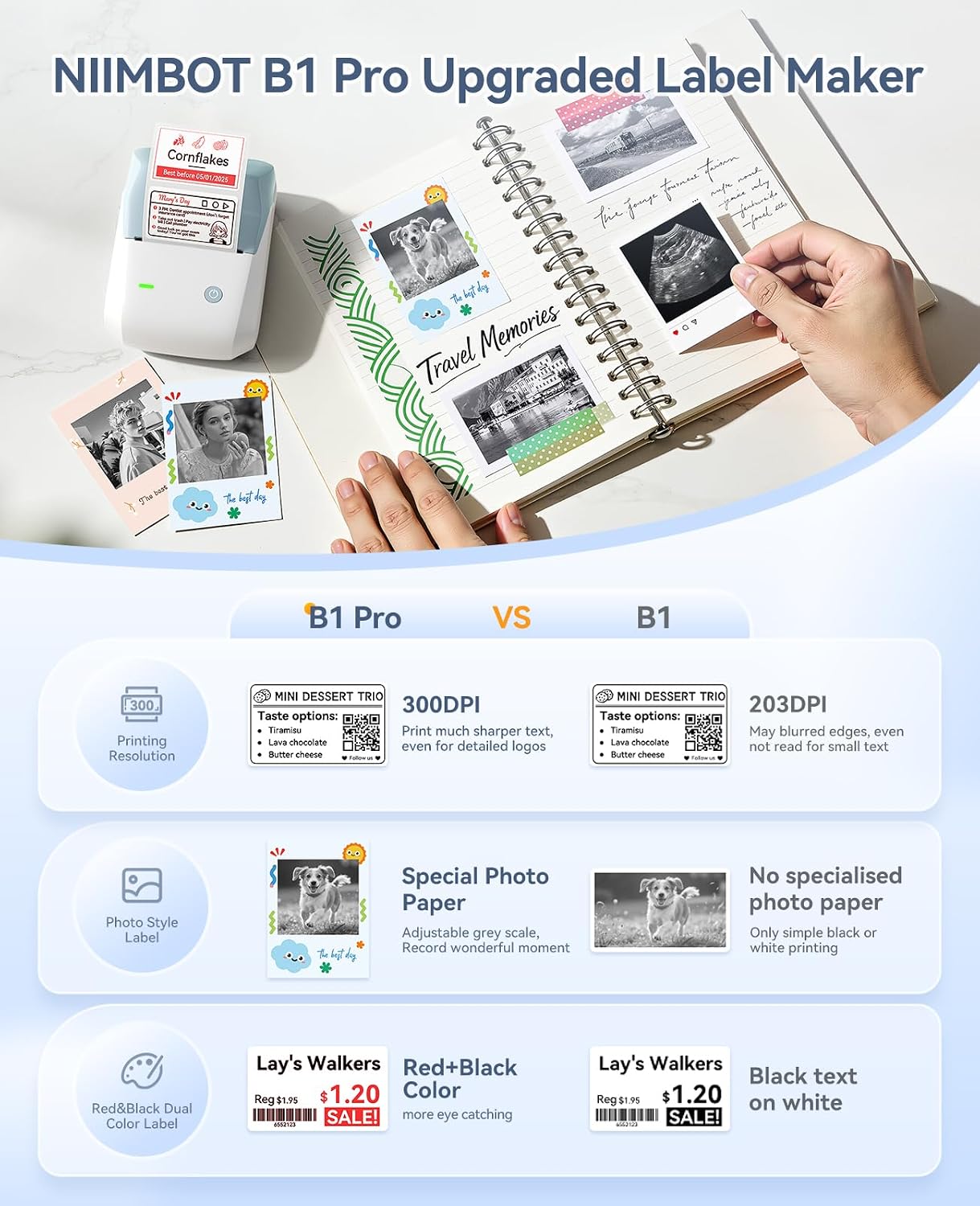 NIIMBOT B1 Pro Label Maker with 1 Roll Label, 300 DPI HD Bluetooth Thermal Label Printer for Home Office Small Business Organization, for DIY Crafts, Scrapbook, Photos, Meomo, Light Blue