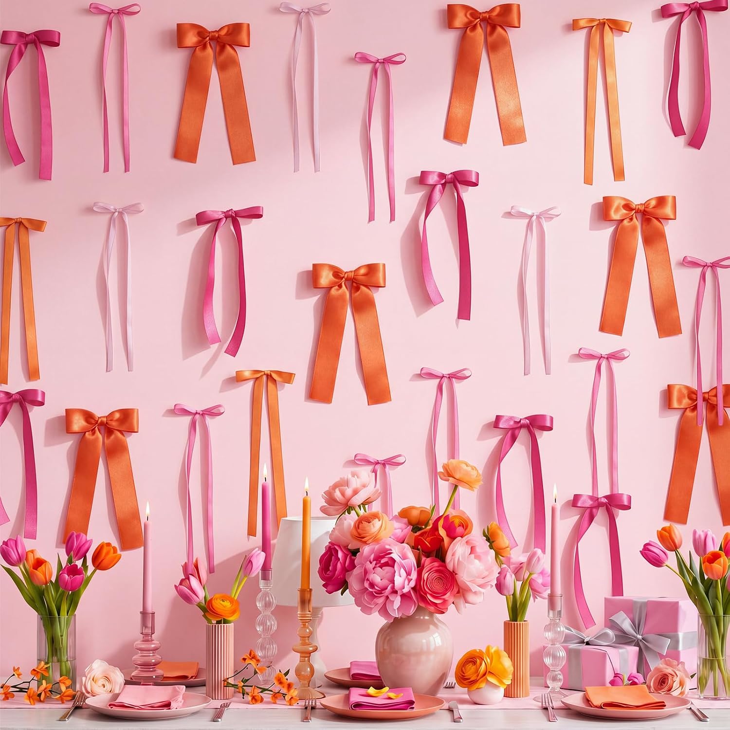 40 Pack Pink and Orange Bow Wall Decor for Sunset Party