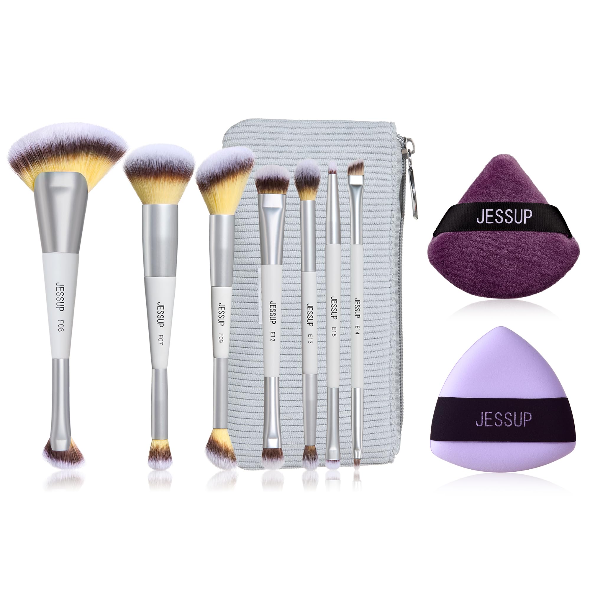 Set di Pennelli da Trucco Jessup da 7 pezzi (a doppia punta) con Custodia – Colore Quiet Gray (T520) – In abbinamento a 2 Piumini da Cipria triangolari morbidi per fondotinta – Colore Viola (SP018)