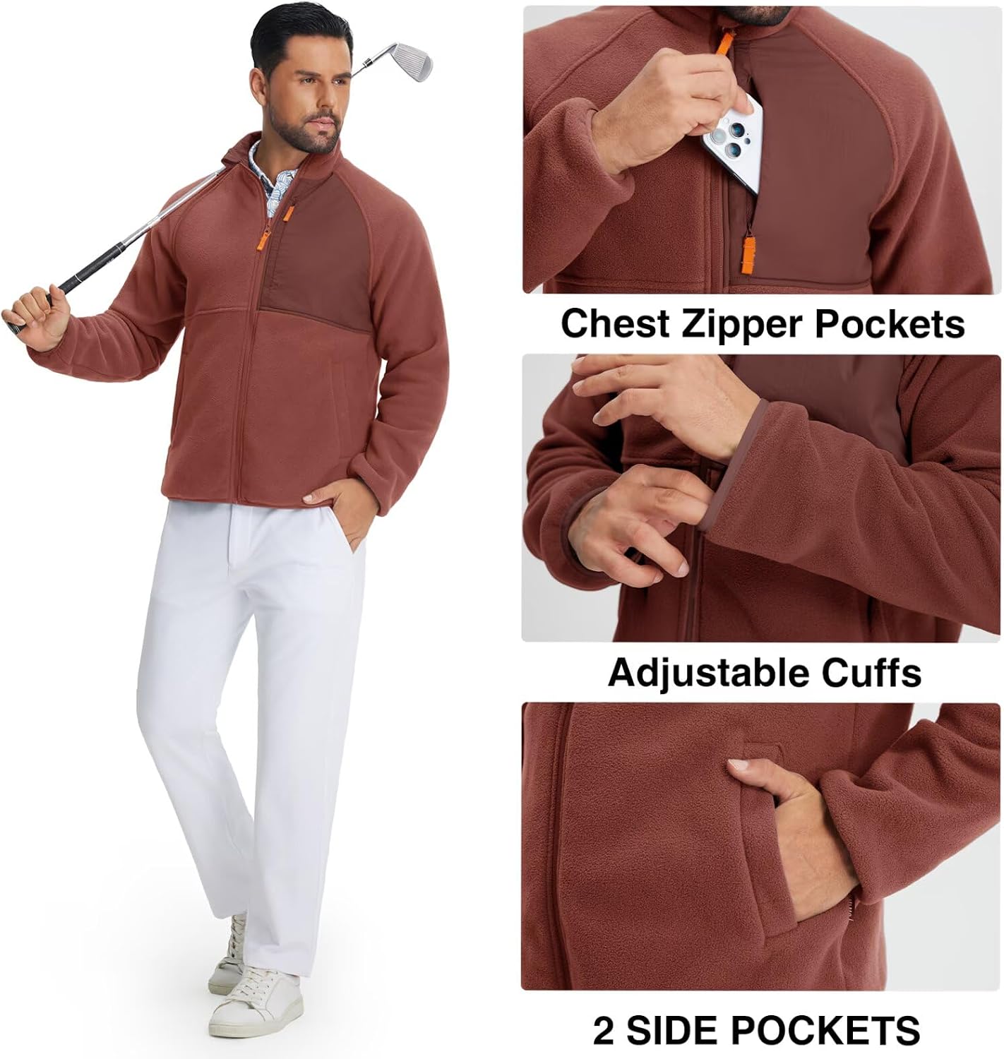 M MAELREG Men's Reversible Fleece Jacket with 5 Pockets Lightweight Zip Up Golf Jackets Winter Warm Casual Coat Windbreaker