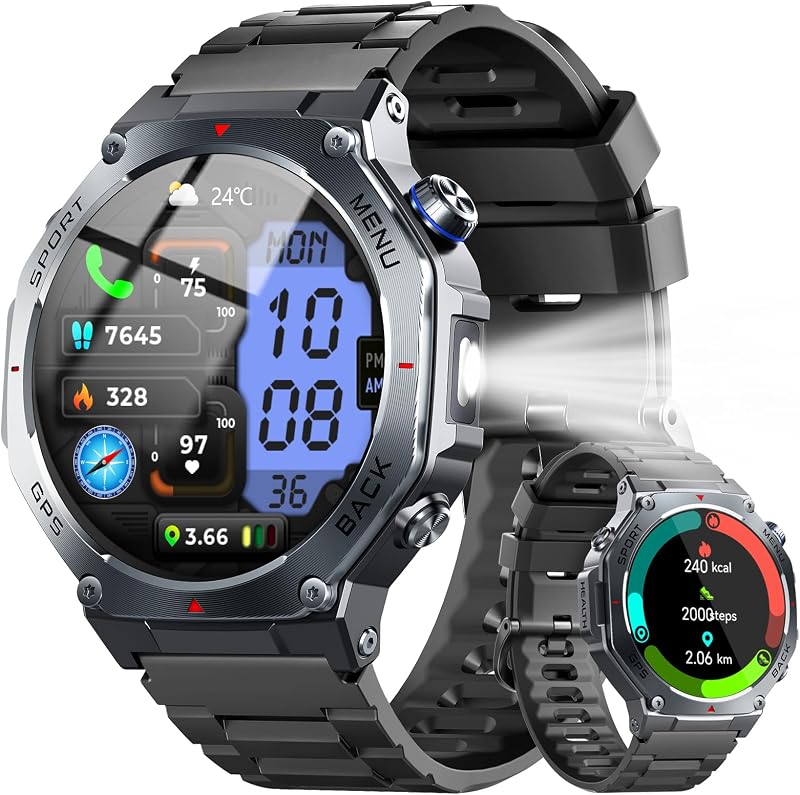 Reloj inteligente militar para hombres con GPS de doble banda, resistente al agua hasta 5 ATM, reloj de fitness AMOLED de 1,43 pulgadas, monitor de sueño, frecuencia cardíaca, oxígeno en sangre, más de 160 deportes, reloj inteligente con llamadas Bluetooth para senderismo, correr al aire libre