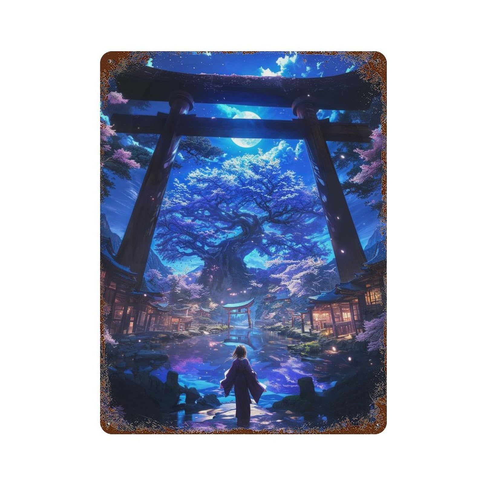 Japanese Tree of Life Rust Effect Tin Sign 15.7"x11.8", Ideal for Farmhouse, Kitchen And Entryway Decor