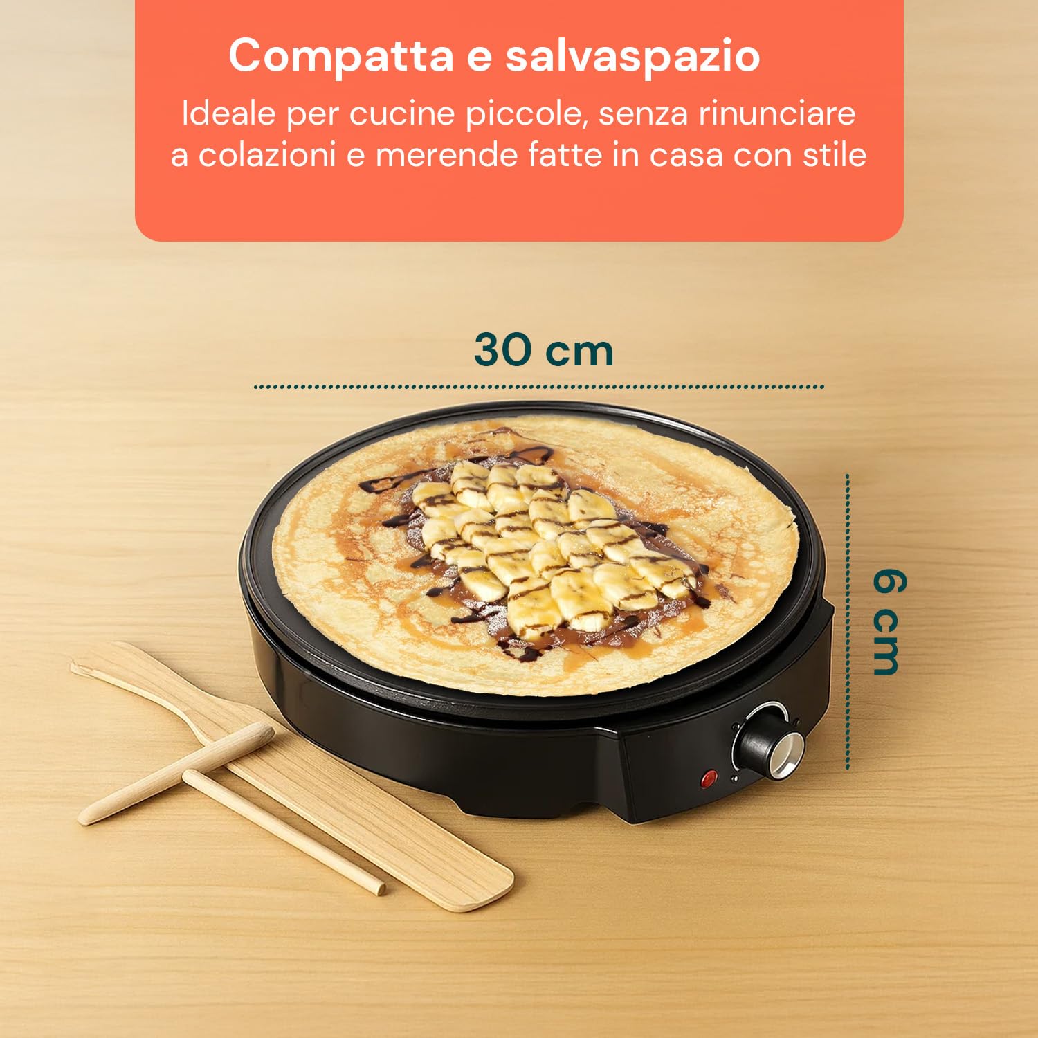 Avilia - Elektrische Crêpes-Pfanne 1200 W mit Antihaftbeschichtung, inklusive Holzspatel, schnelles Kochen, perfekt für süße oder herzhafte Crêpes, ideal für den Hausgebrauch und kreative Snacks