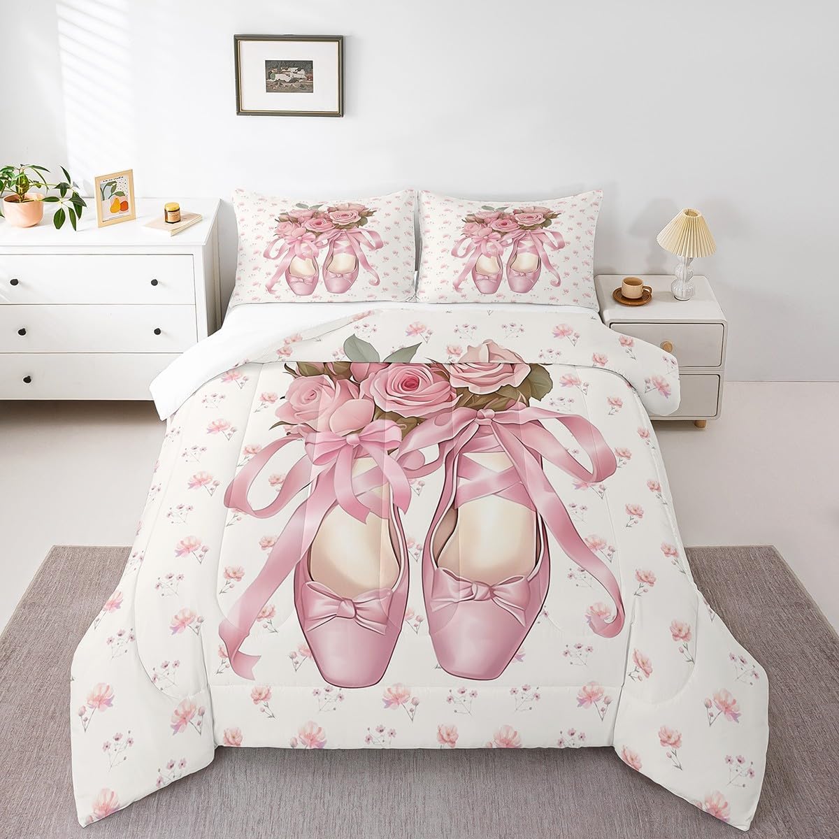 Feelyou Ballet Comforter Set for Kids Boys Girls Ballerinas Comforter Ballet Shoes Pink Ballerina Rose Floral Flower Bedding Set Twin Size Bedroom Decor Princess Duvet Set Quilt Set 2Pcs