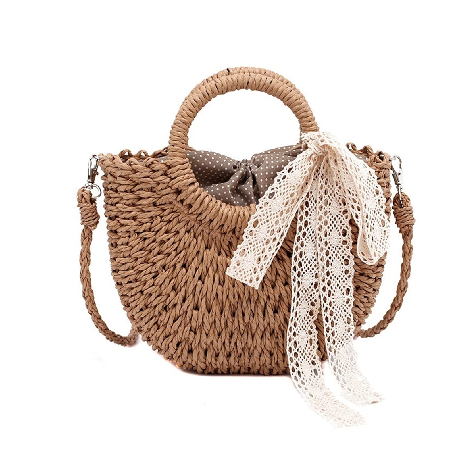 Bolso De Paja Hecho A Mano Con Cordón De Encaje En Forma De Media Luna