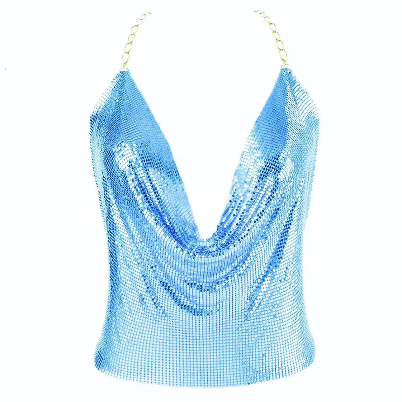 Gold Sexy Tops for Women Sparkly Deep V Neck Crop Tank Tops Cami Body Chain Top