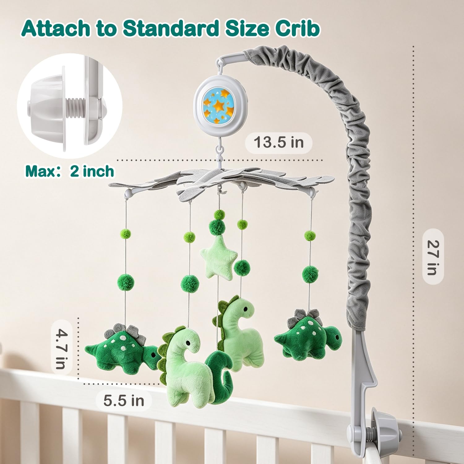 Dinosaur Baby Crib Mobile for Boys with Music Box (100+ Lullabies), Rotating Plush Crib Toys for Newborns, Infant, Baby Shower Gift thumbnail