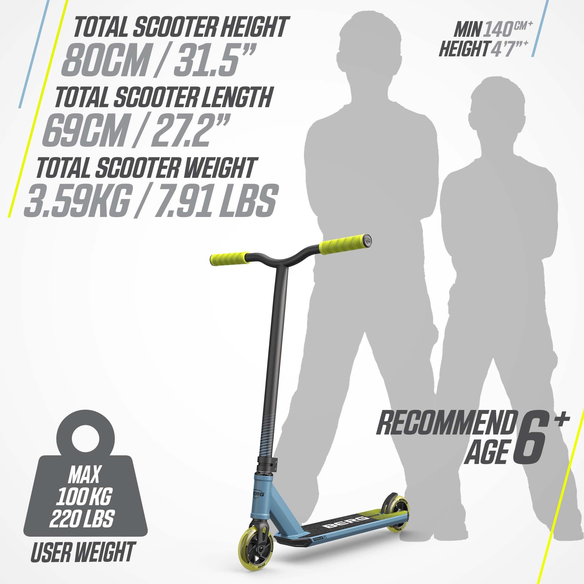 BERG Proxus X1 Monopattino per bambini | Freestyle Scooter per skatepark e strada | ponte in alluminio 500 mm | ruote da 110 mm | cuscinetti ABEC 9 | Compressione IHC | Leggero e stabile (blu)