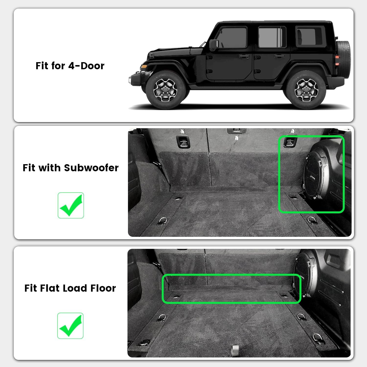 LASFIT Floor Mats & Trunk Mat for Jeep Wrangler JL 2018-2025 2026 4 Door Cargo with SUBWOOFER, All Weather TPE Custom Cargo Mat Fit for Flat Load Floor Gas Type (Not for JK/Not PHEV/Not 2-Door) Wrangler JL 18-26 (with Subwoofer)