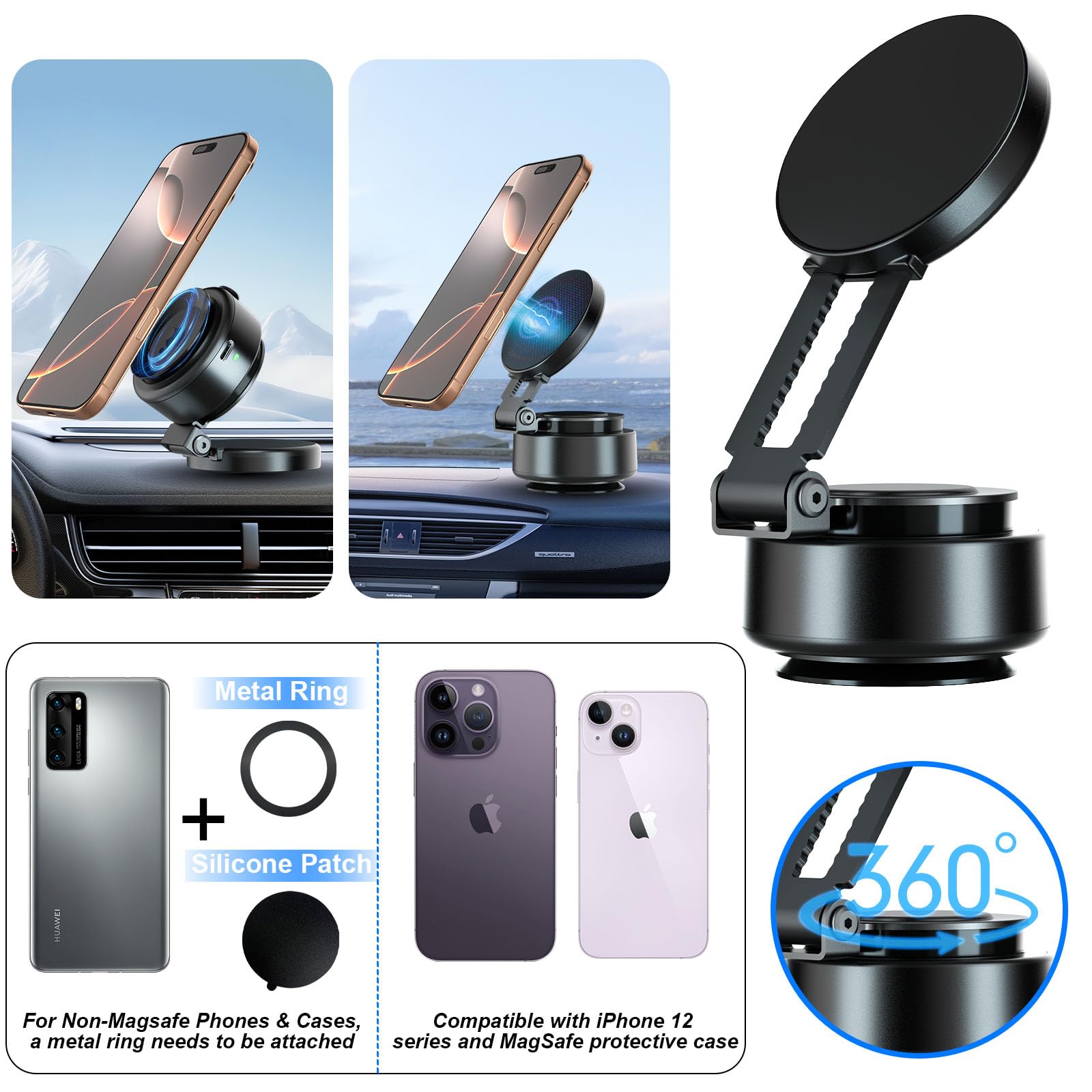 Soporte magnético para teléfono móvil para coche, rotación ajustable de 360 grados, soporte de teléfono eléctrico con ventosa al vacío con brazo extensible, compacto y portátil, manos libres, soporte